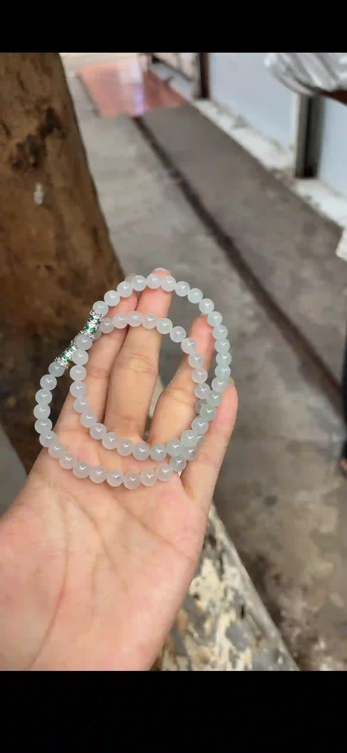 Icy White Jade Beaded Necklace & Wrap Bracelet with Emerald Accent, view 2 | Myanmar Jadeite reference #27150001