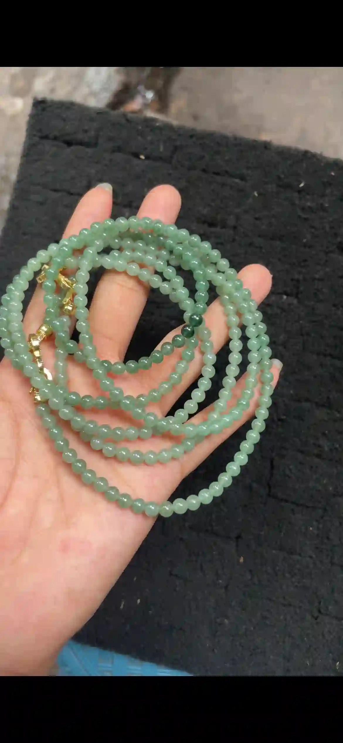   Translucent Soft Green Jadeite Beaded Multi-Strand Necklace with Gold Clasps, view 2 | Myanmar Jadeite reference #4470001
