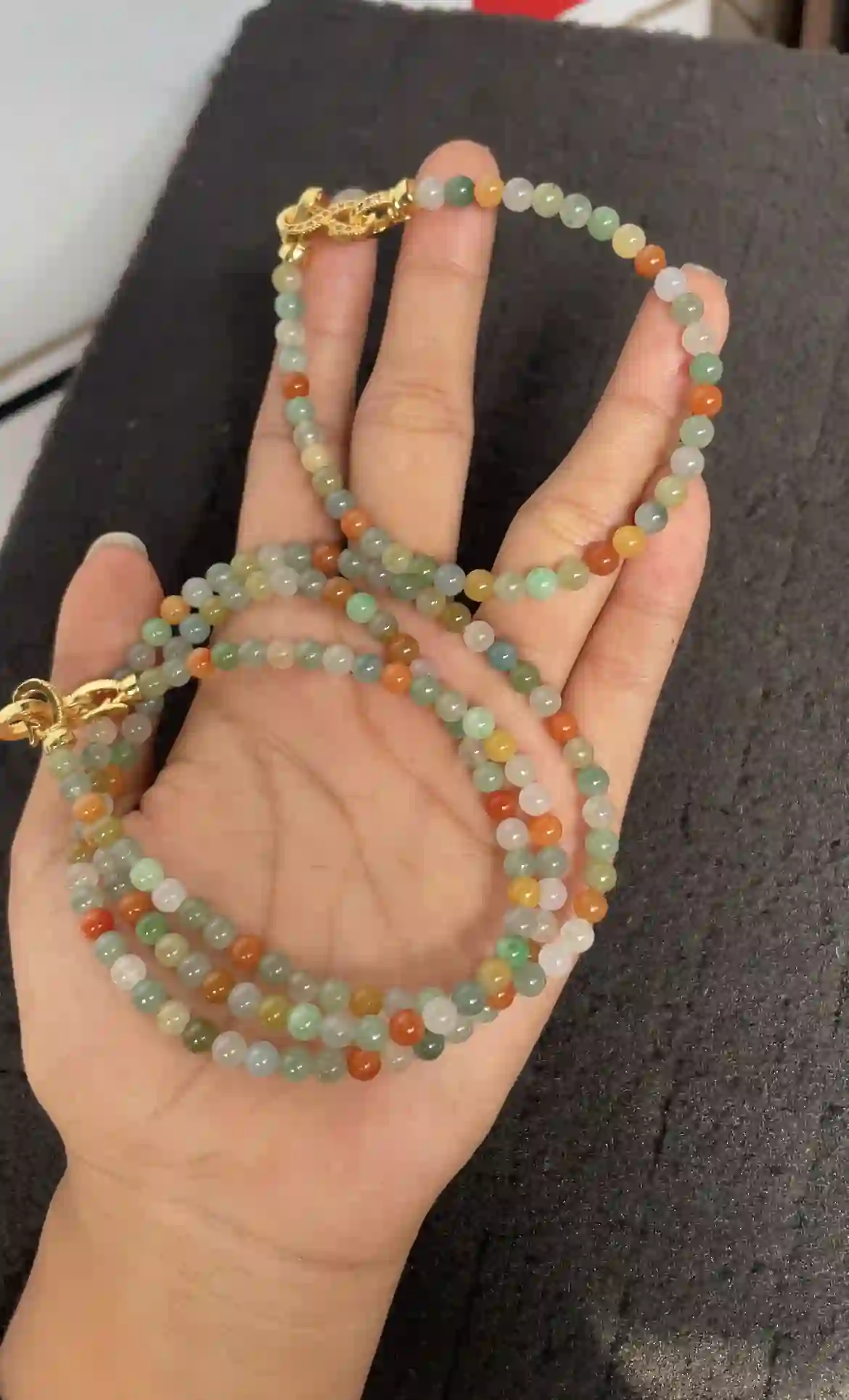   Multicolor Icy Jadeite Beaded Long Necklace with Gold Plated Clasp, view 2 | Myanmar Jadeite reference #3480001