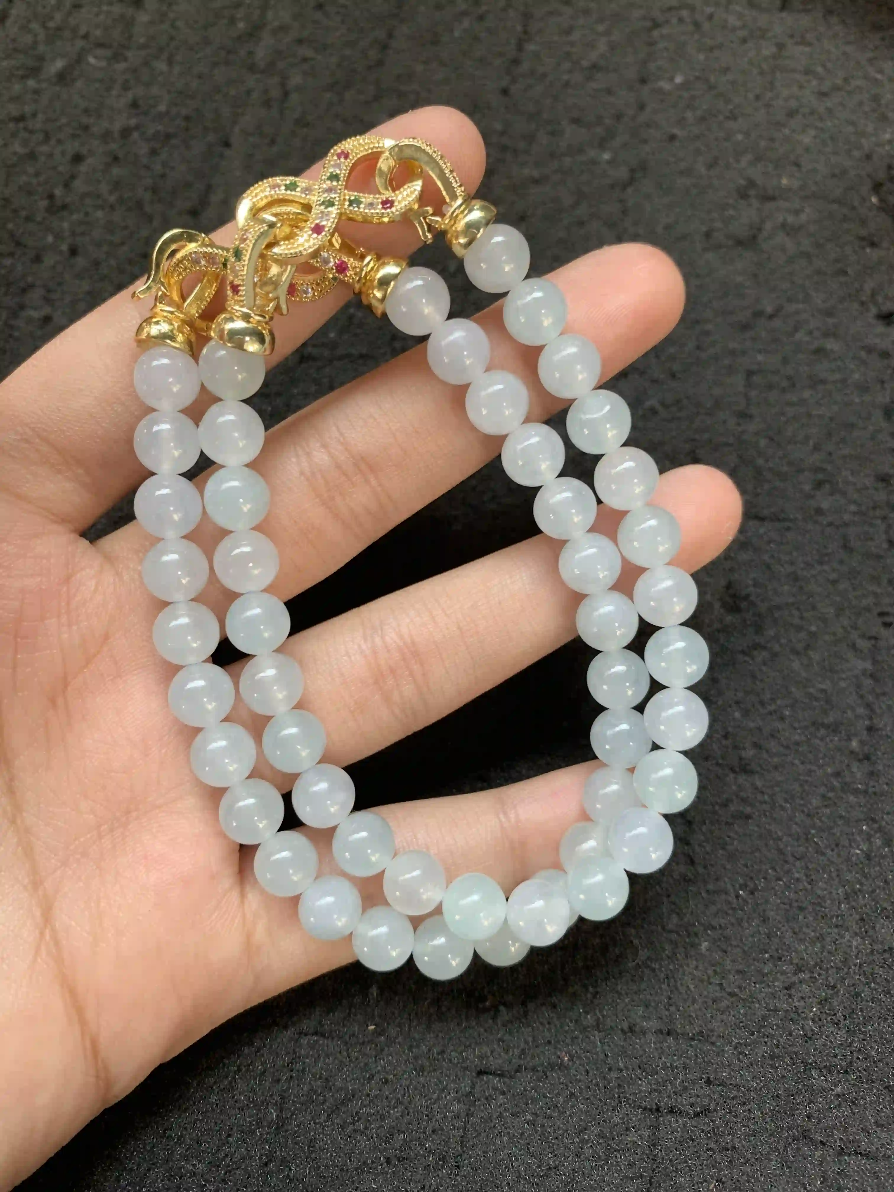 Translucent Light Green Jade Bead Necklace with Intricate Gold Clasp, view 2 | Myanmar Jadeite reference #1320003