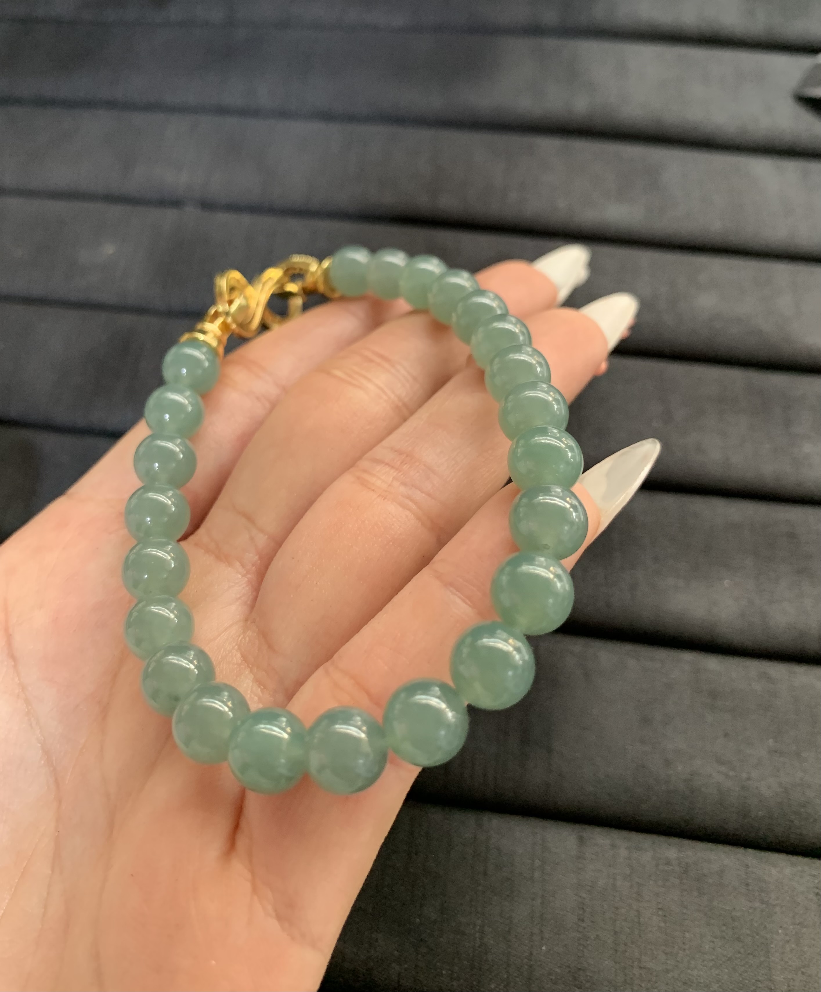 Jade Green Beaded Bracelet with Ornate Gold Clasp - Burmese Jadeite from Myanmar
