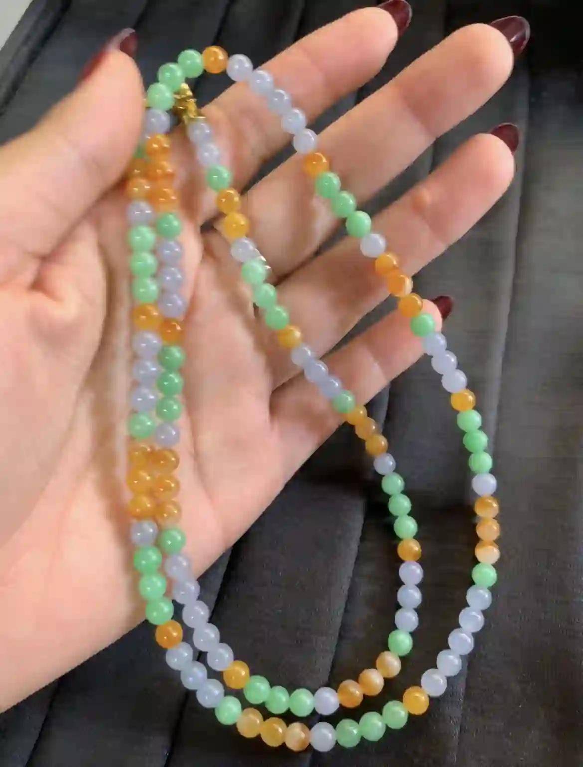   Tri-Color Icy Jadeite Beaded Necklace, view 2 | Myanmar Jadeite reference #3120002