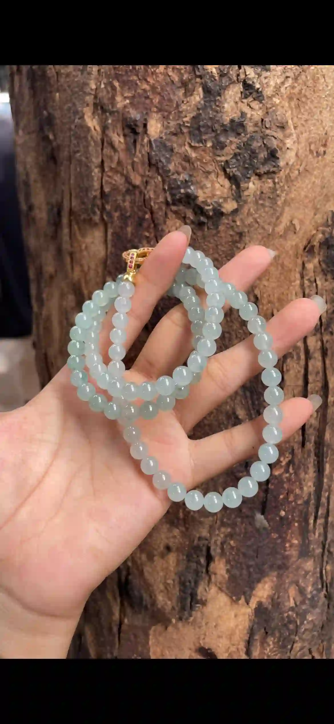 Icy Light Blue Jade Bead Necklace with Gold Clasp | Myanmar Jadeite reference #5790004
