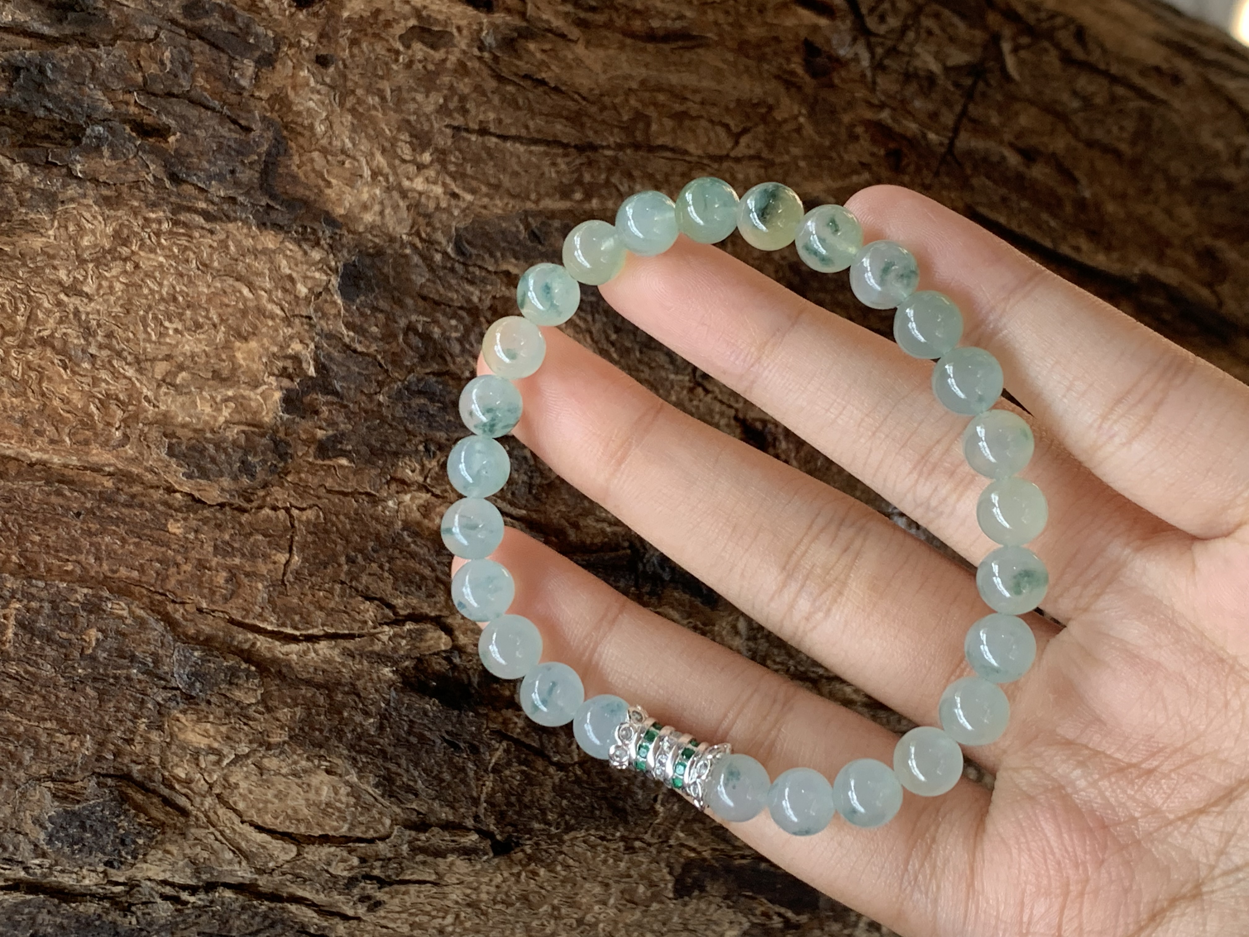 Icy Blue Water Jadeite Bead Bracelet with Floating Flowers - Burmese Jadeite Type A from Hpakant, Myanmar | Myanmar Jadeite