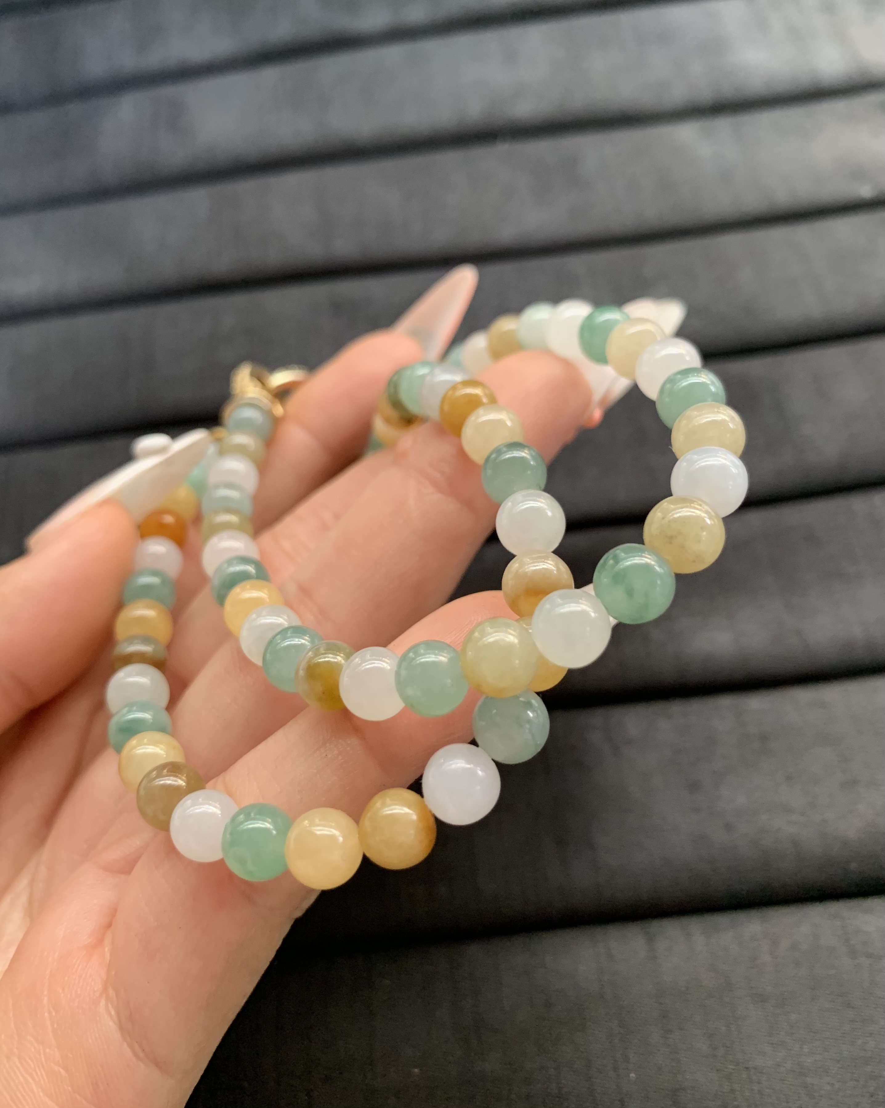 Colorful Multi-Hued Jade Bead Strand with Gold-Toned Clasp