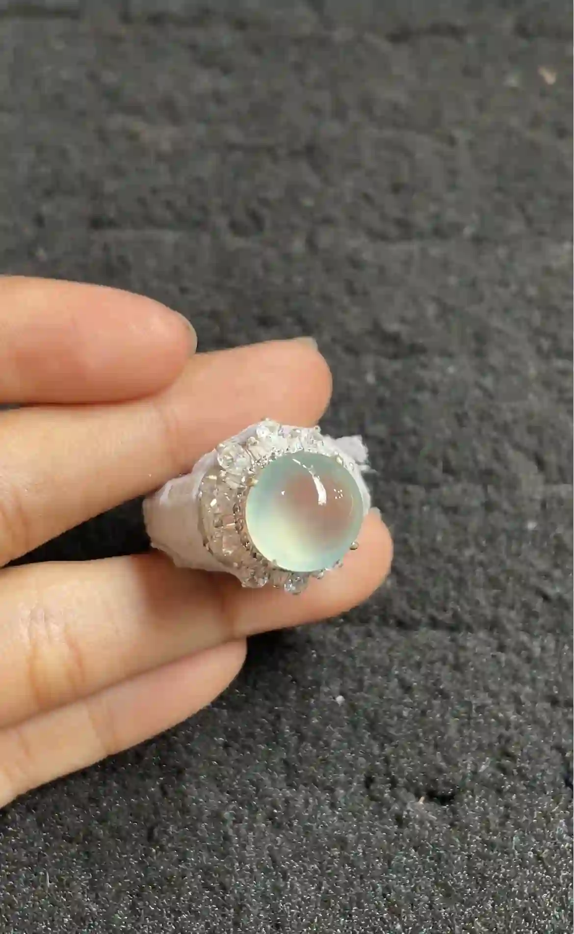 Natural Icy Green Jade Cabochon Ring, view 2 | Myanmar Jadeite reference #2310003