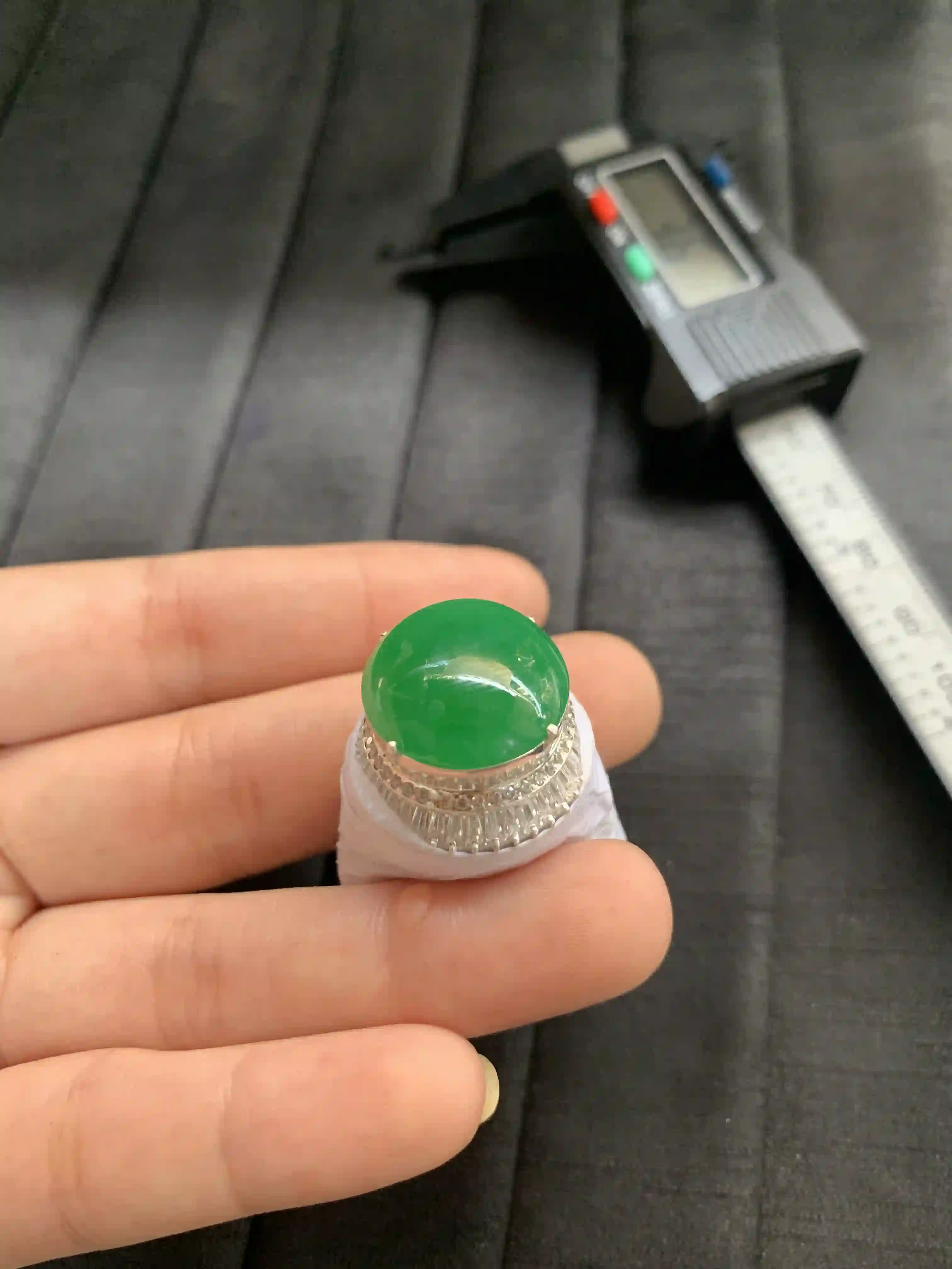 Luxurious Green Jade Ring with Diamond Halo, view 2 | Myanmar Jadeite reference #2640002