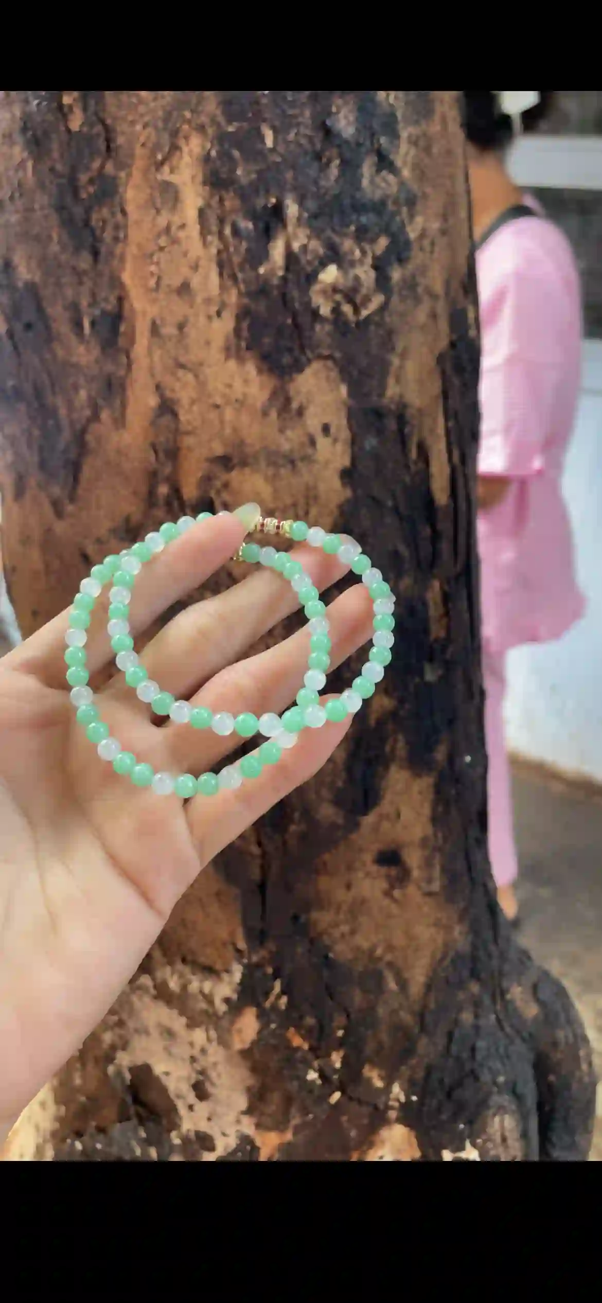 Delicate Apple-Green & White Jade Bead Bracelet — Double Strand with Gold Accent, view 2 | Myanmar Jadeite reference #27930001