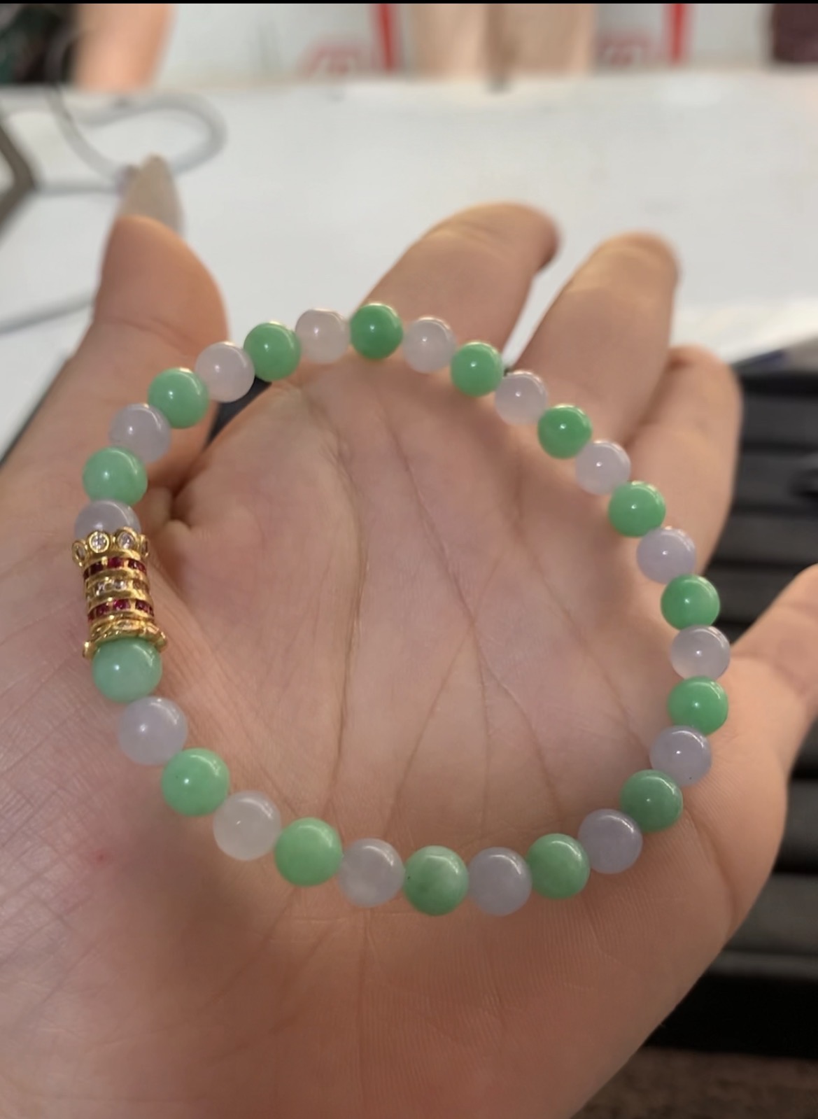  Two-Tone Green & Lavender Jade Bead Bracelet - Burmese Jadeite from Myanmar