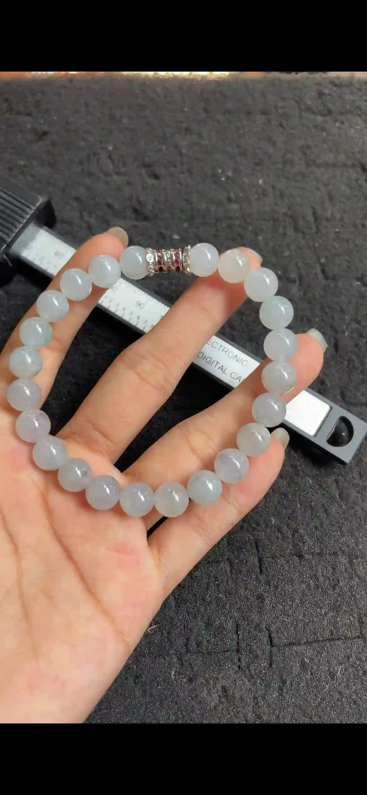  Icy White Jade Bead Bracelet, Translucent Gemstone with Inlaid Accent Bead | Myanmar Jadeite reference #4710002