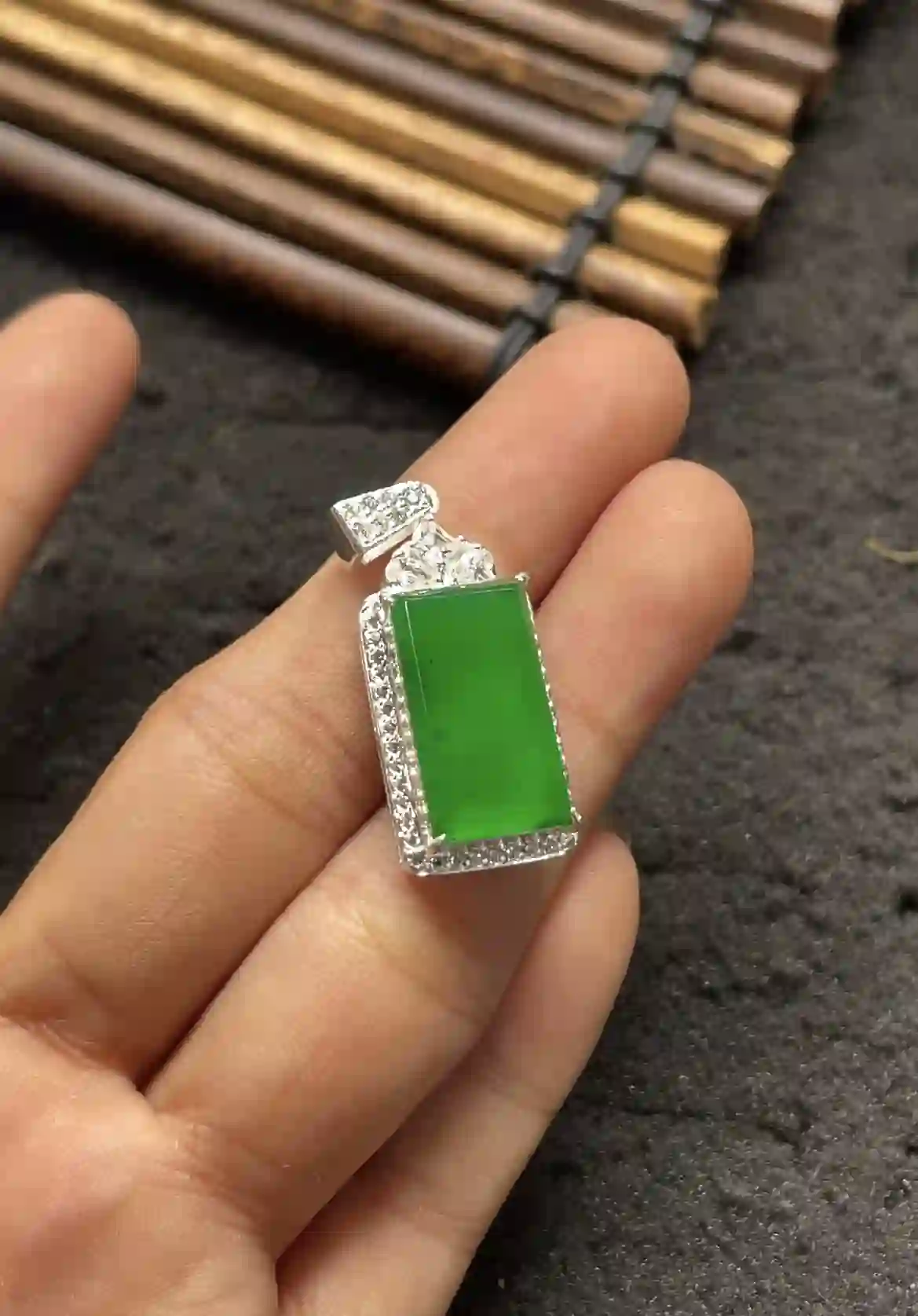 Natural Vivid Green Jadeite Rectangular Pendant, view 2 | Myanmar Jadeite reference #2430002
