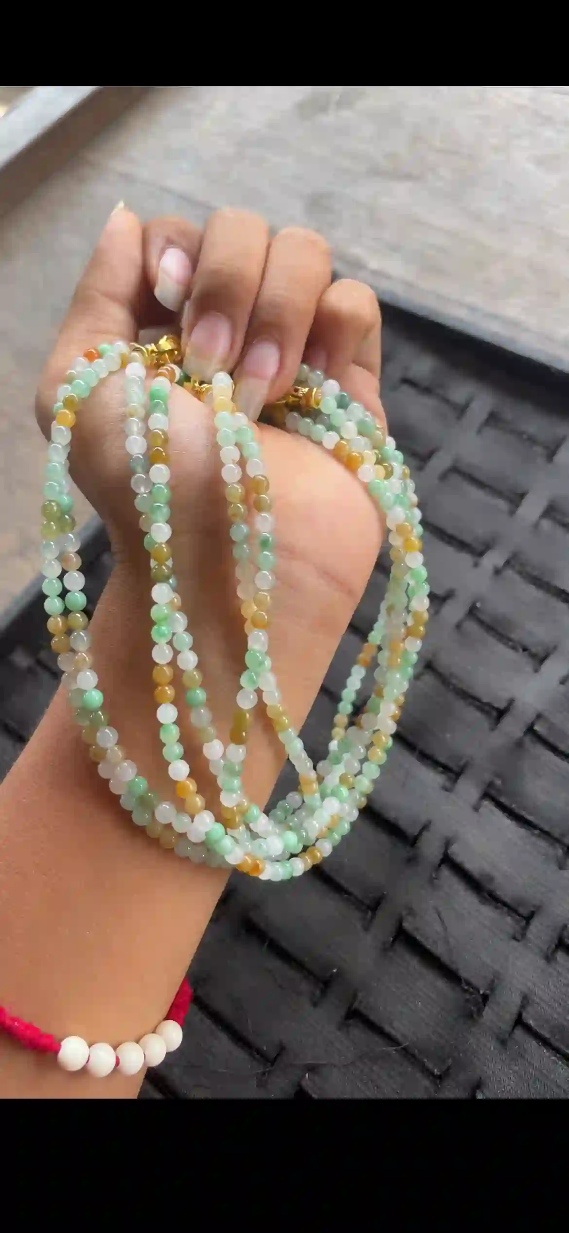 Multi-Strand Rainbow Gradient Jadeite Beaded Necklace with Gold Clasps | Myanmar Jadeite reference #24030002