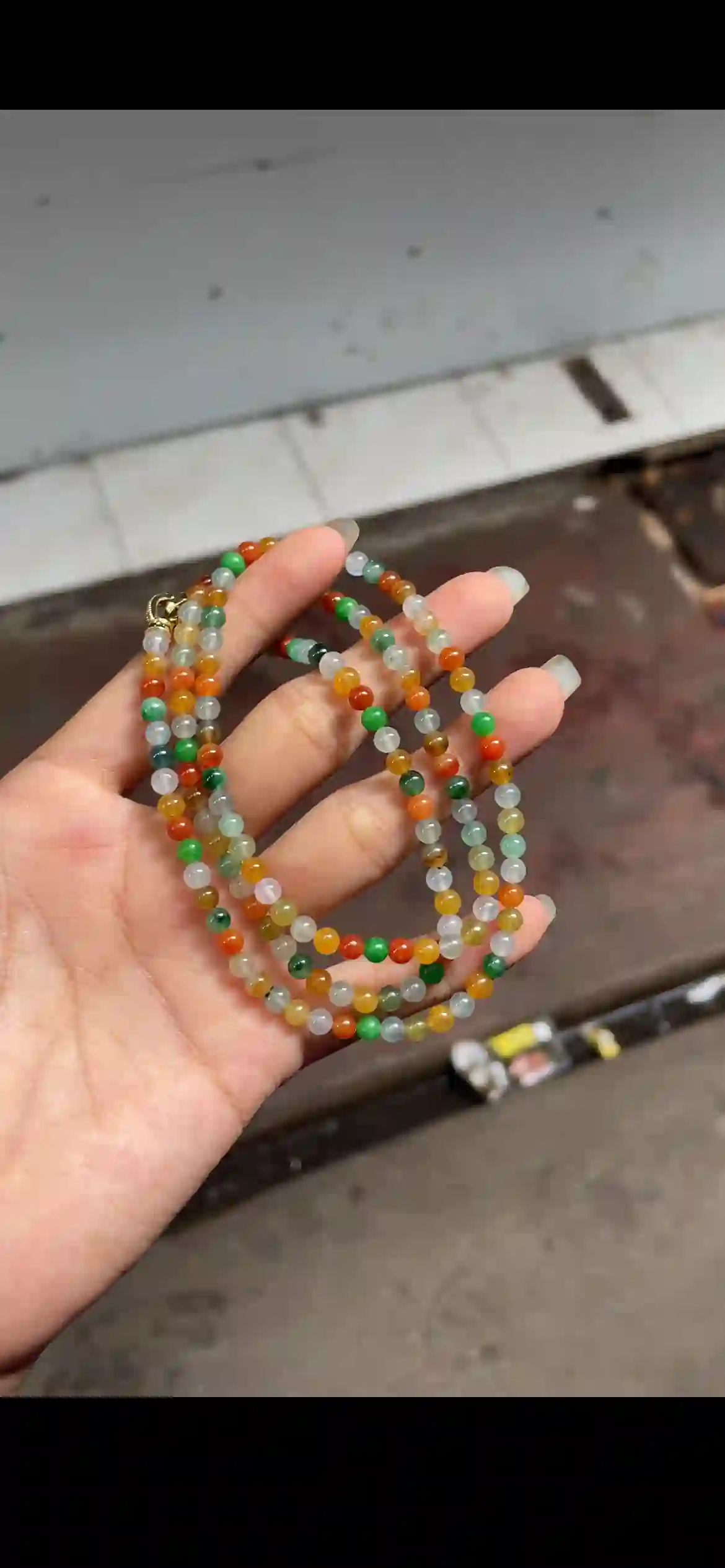Triple-Strand Multicolor Rainbow Jade Bead Bracelet with Gold Clasp | Myanmar Jadeite reference #17730001