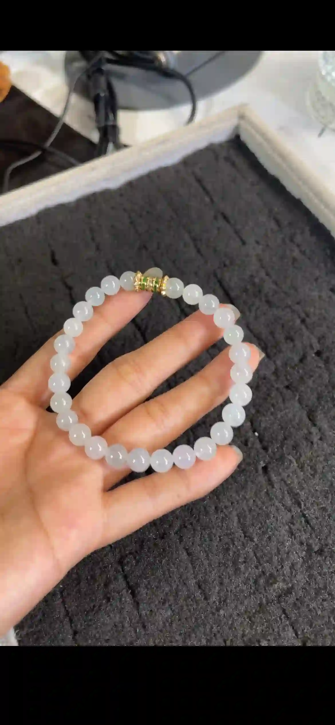 Icy Pale White Jade Bracelet with Ornate Gold Accent | Myanmar Jadeite reference #25800001