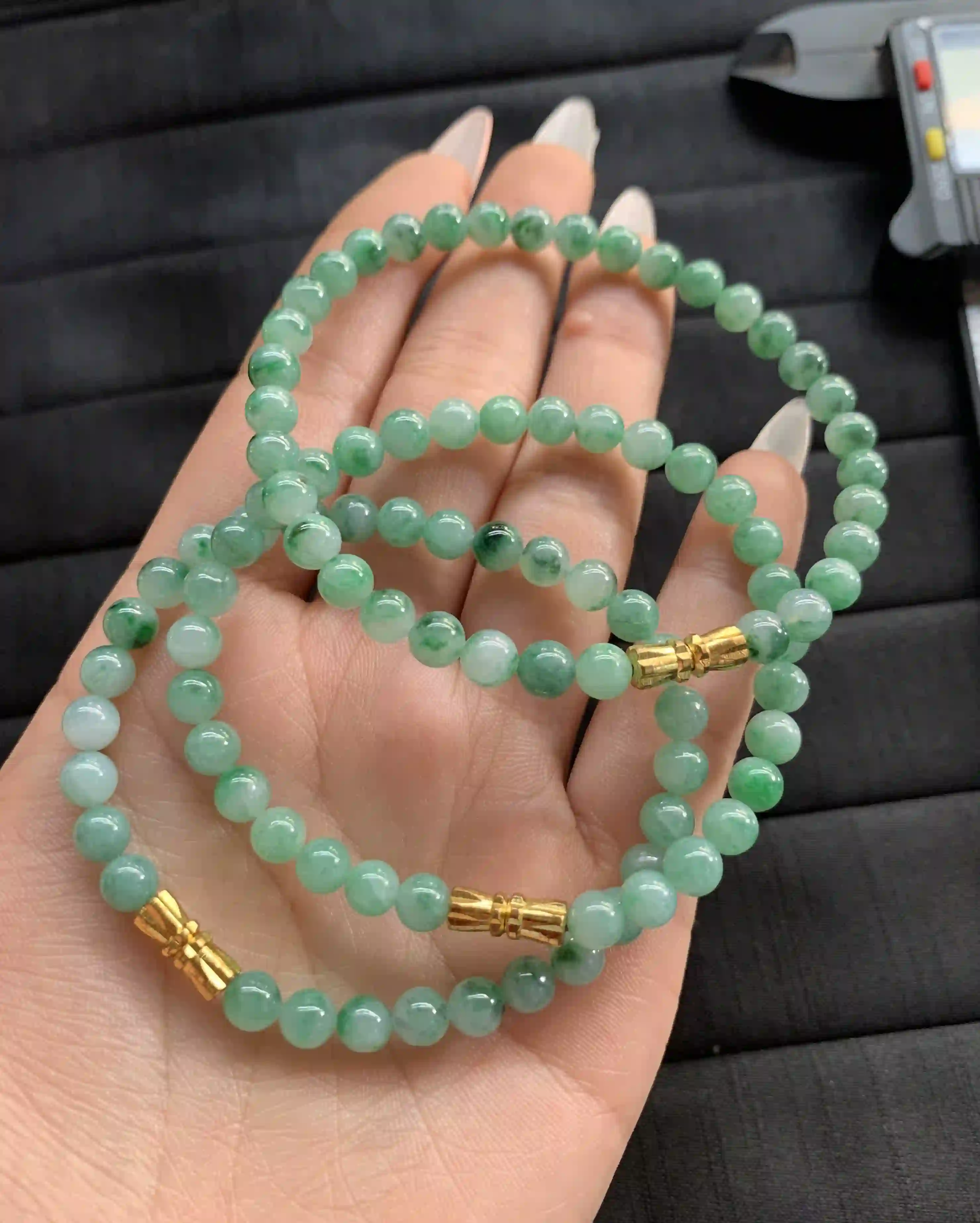  Green Jadeite Multi-Strand Beaded Bracelet Set with Gold Clasps, view 2 | Myanmar Jadeite reference #1290008