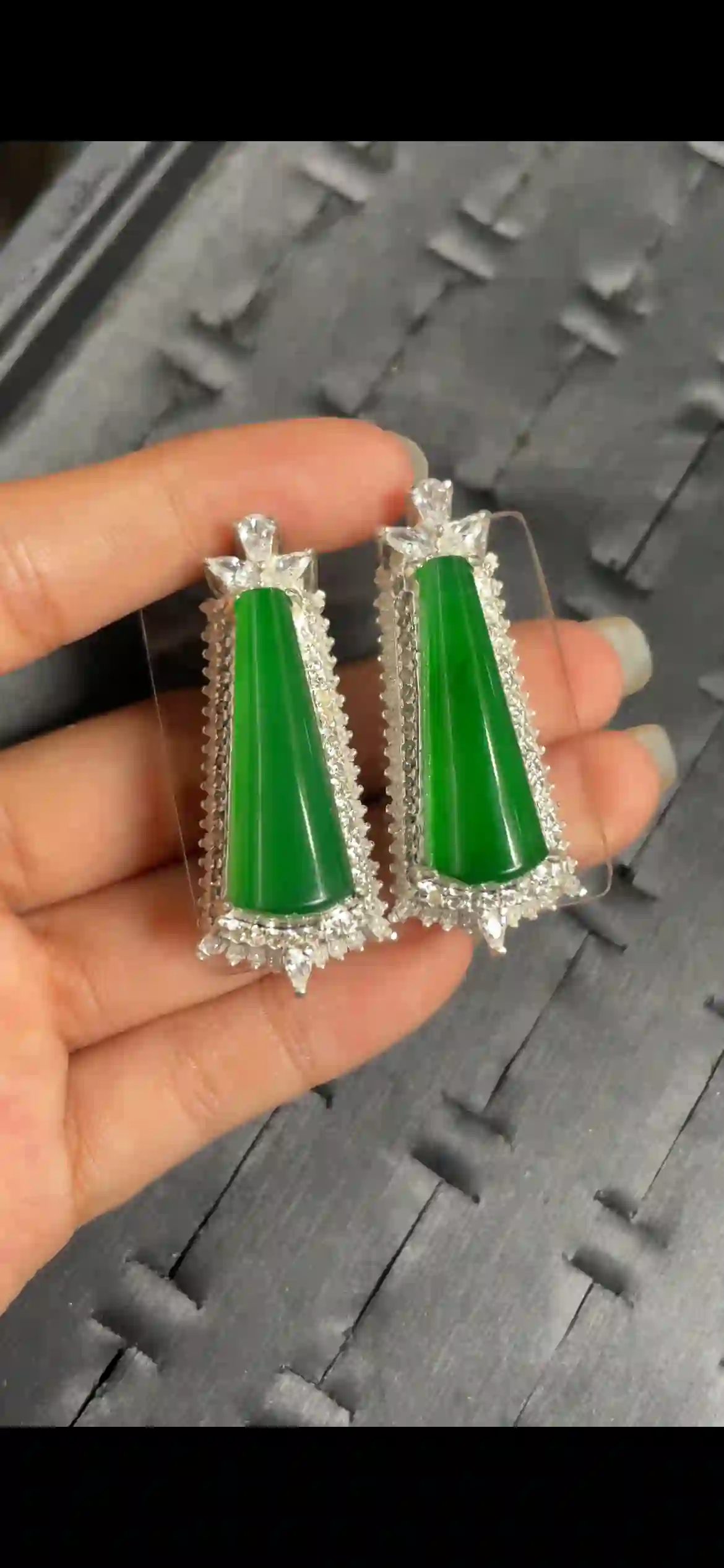 Vibrant Imperial‑Green Jadeite Tapered Drop Earrings with Diamond Halo Setting, view 2 | Myanmar Jadeite reference #9720002