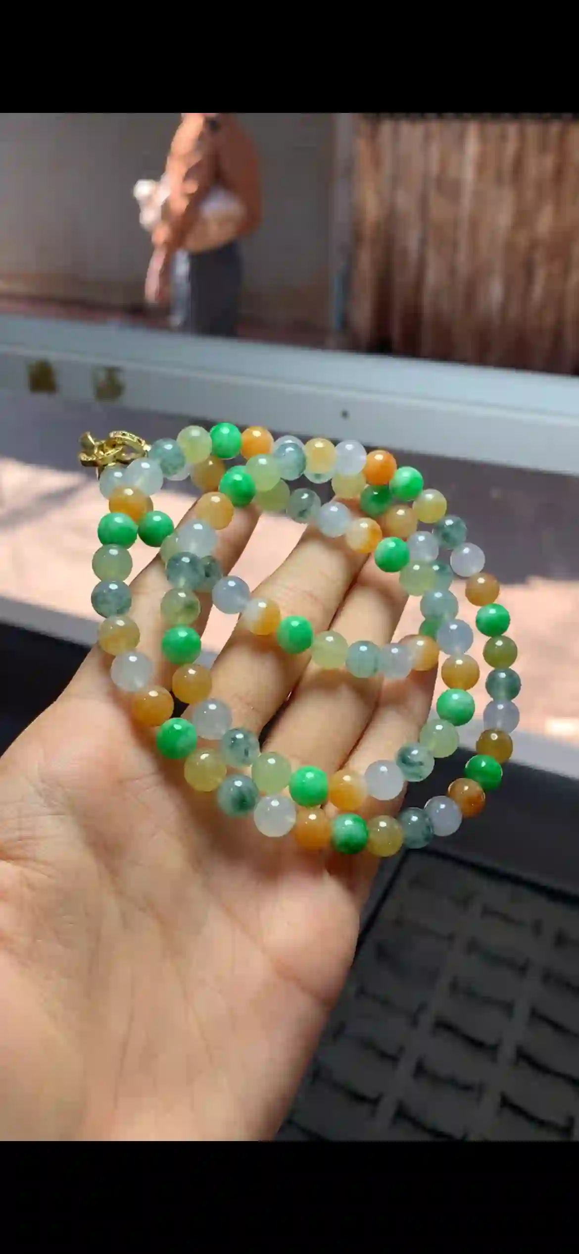  Natural Multi-Color Icy Jadeite Bead Necklace with Gold Clasp, view 2 | Myanmar Jadeite reference #6840001