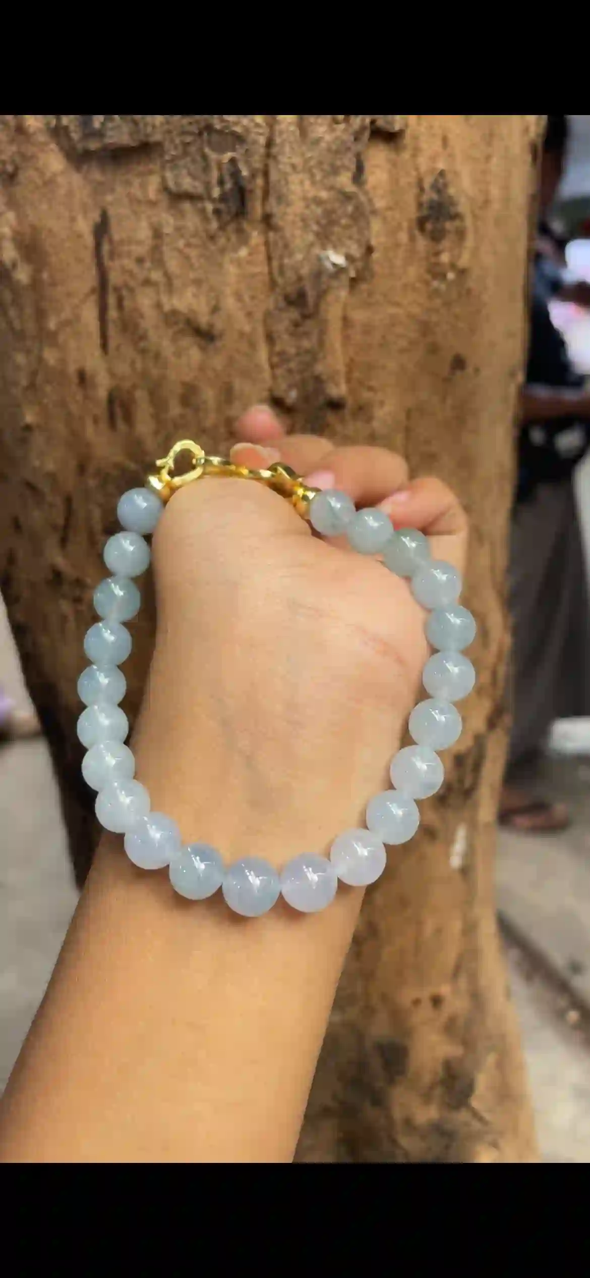  Icy Pale Lavender‑Blue Jadeite Bead Bracelet with Gold‑Tone Clasp | Myanmar Jadeite reference #9540005