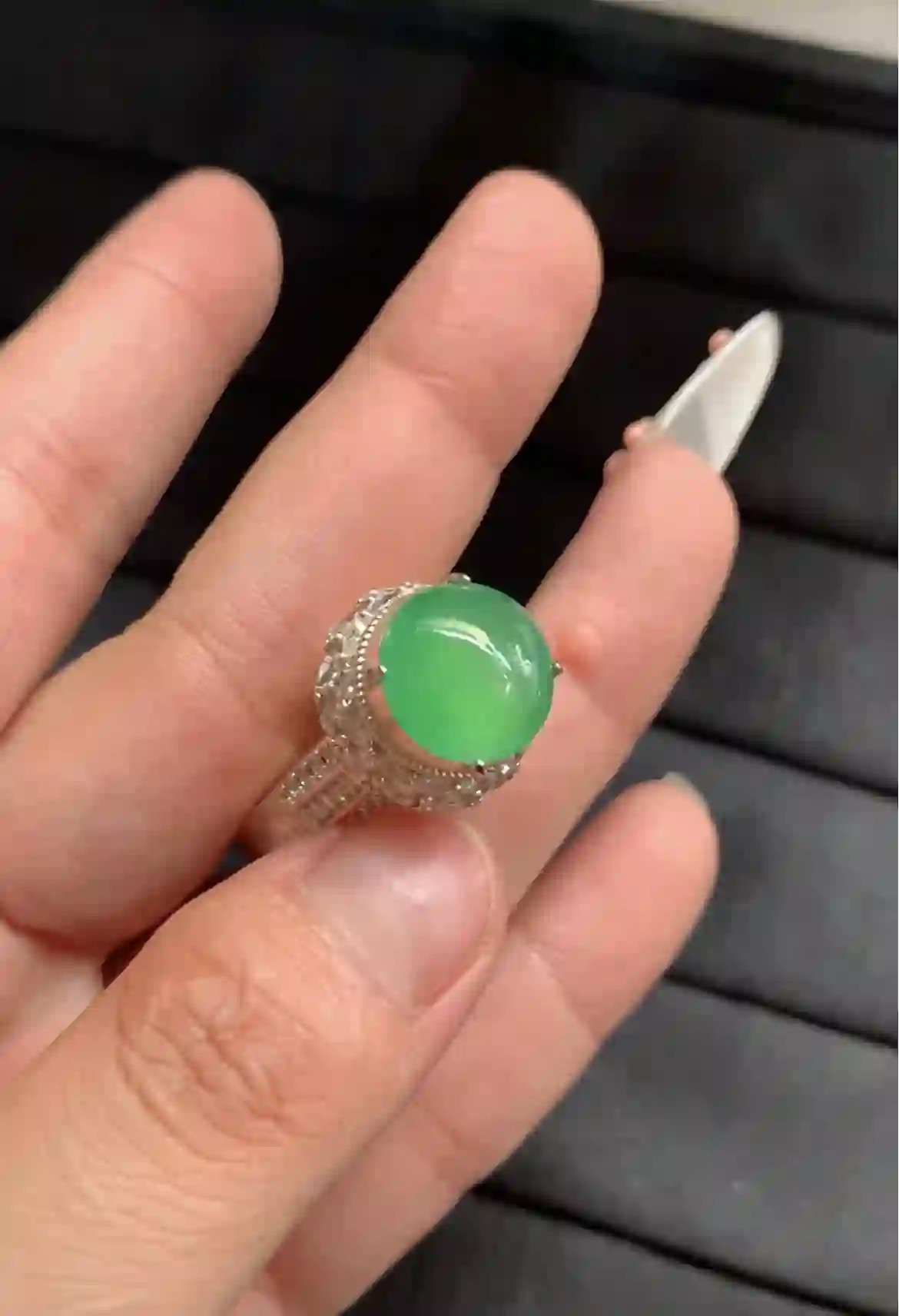 Vibrant Green Jade Halo Ring, view 2 | Myanmar Jadeite reference #2160004
