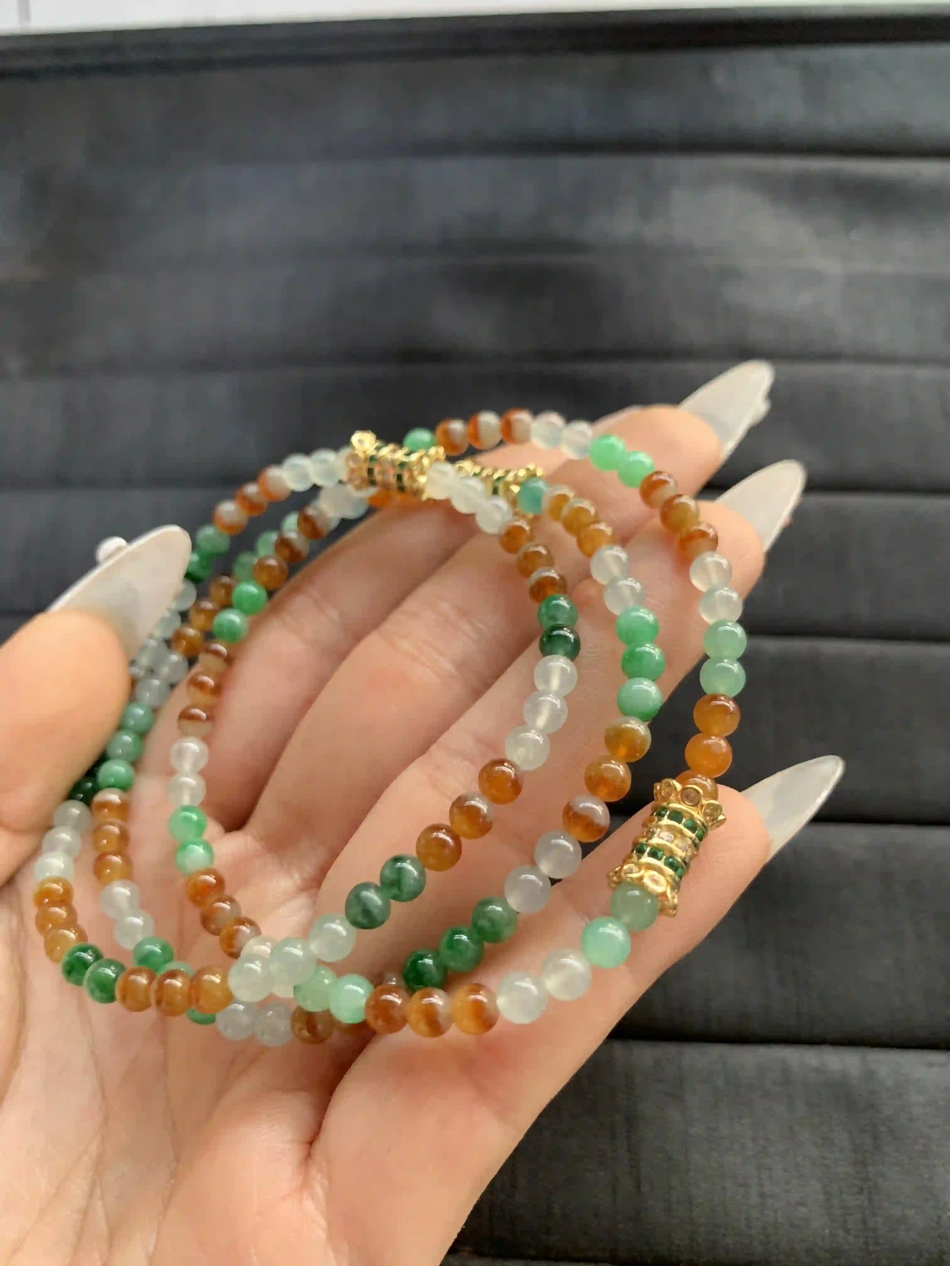 Multi-Strand Colorful Jade Bead Bracelets with Gold Clasps, view 2 | Myanmar Jadeite reference #1320006