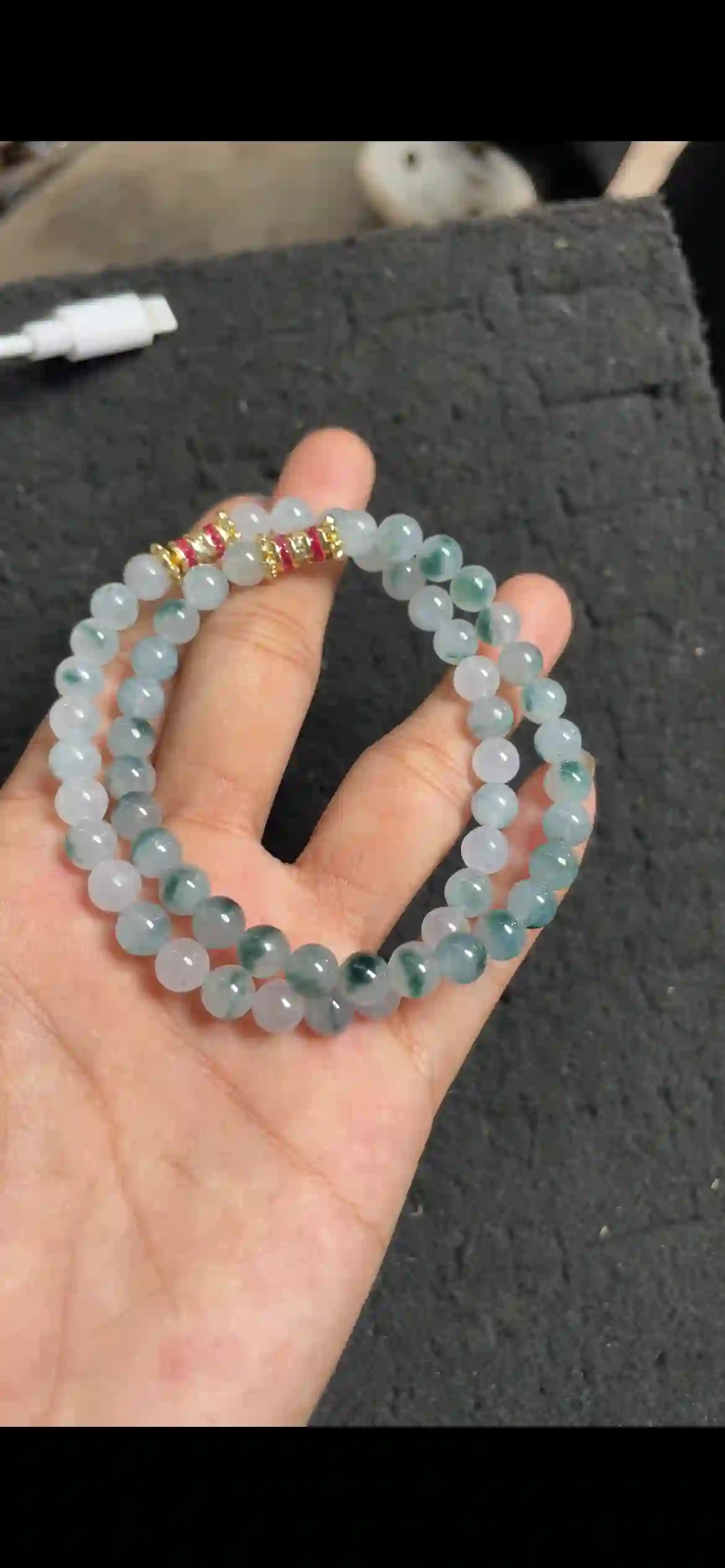 Icy Floating Flower Jadeite Beaded Bracelet with Gold Accents | Myanmar Jadeite reference #4320002