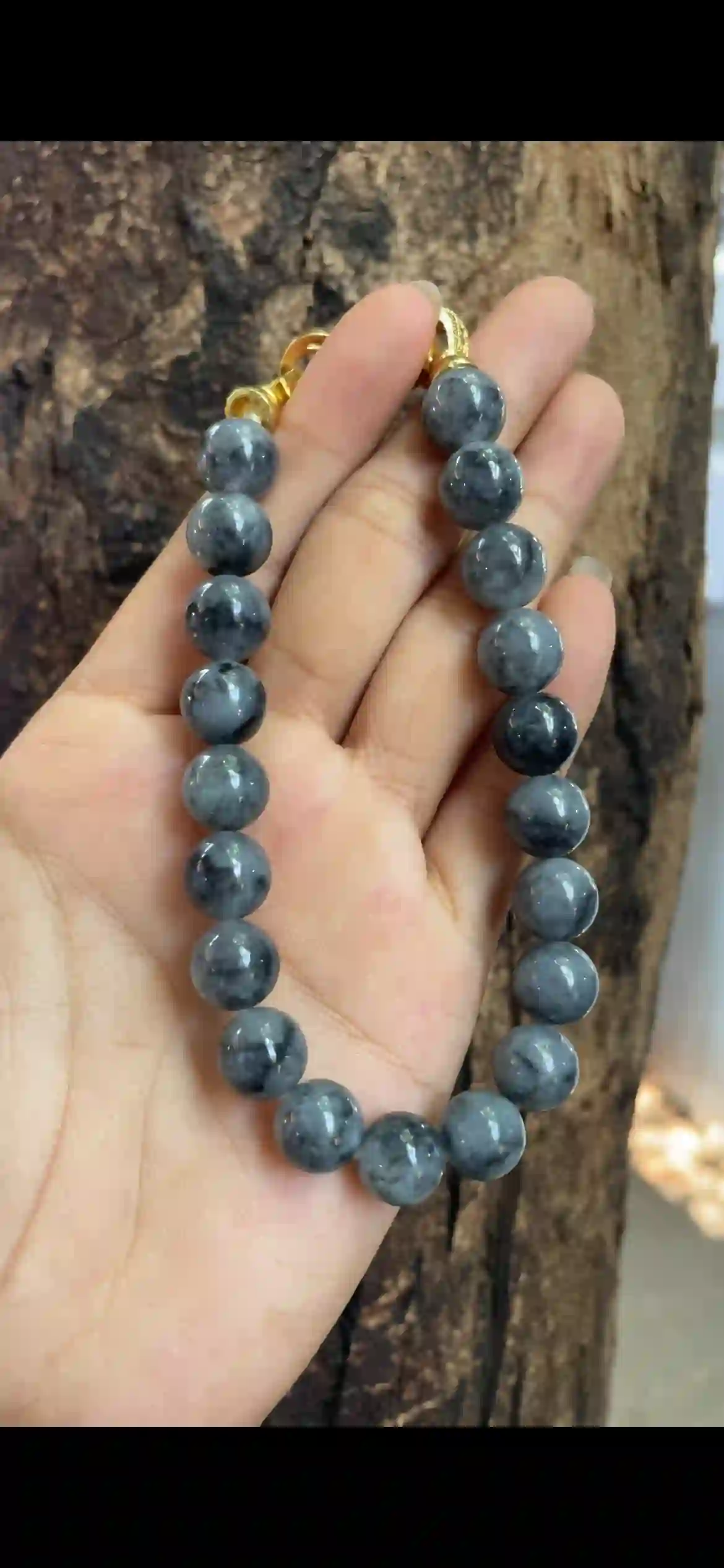  Icy Black‑Gray "Wuji" Jadeite Bead Bracelet with Gold Clasp | Myanmar Jadeite reference #9900001