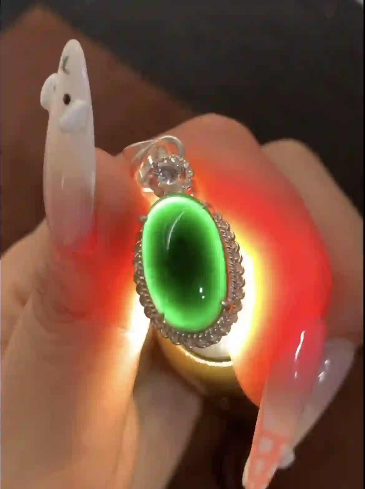 High-Grade Imperial Green Jadeite Pendant with Diamond-Accented Silver-Toned Setting | Myanmar Jadeite reference #1050001