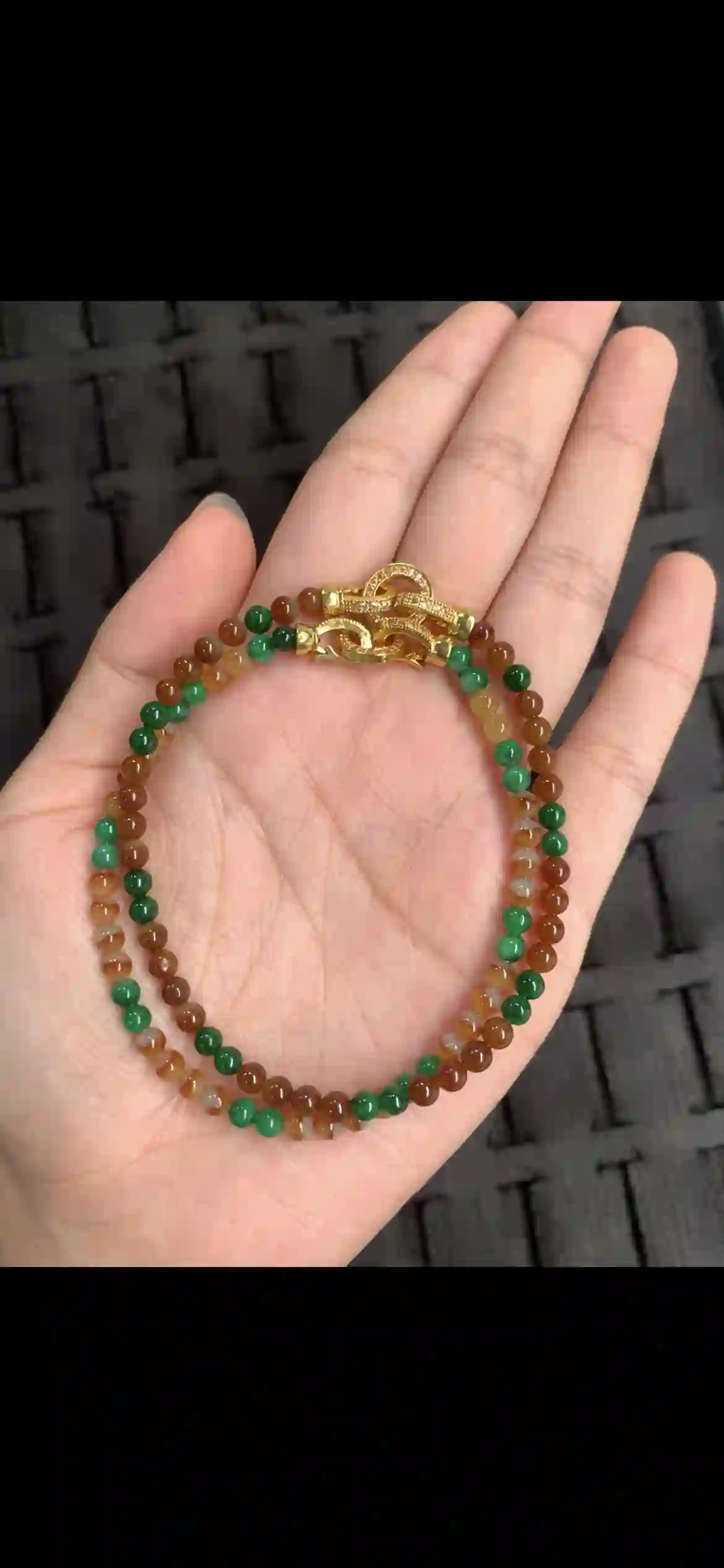 Tri‑Color Green & Golden Orange Jadeite Multi‑Wrap Bracelet, view 2 | Myanmar Jadeite reference #12780001