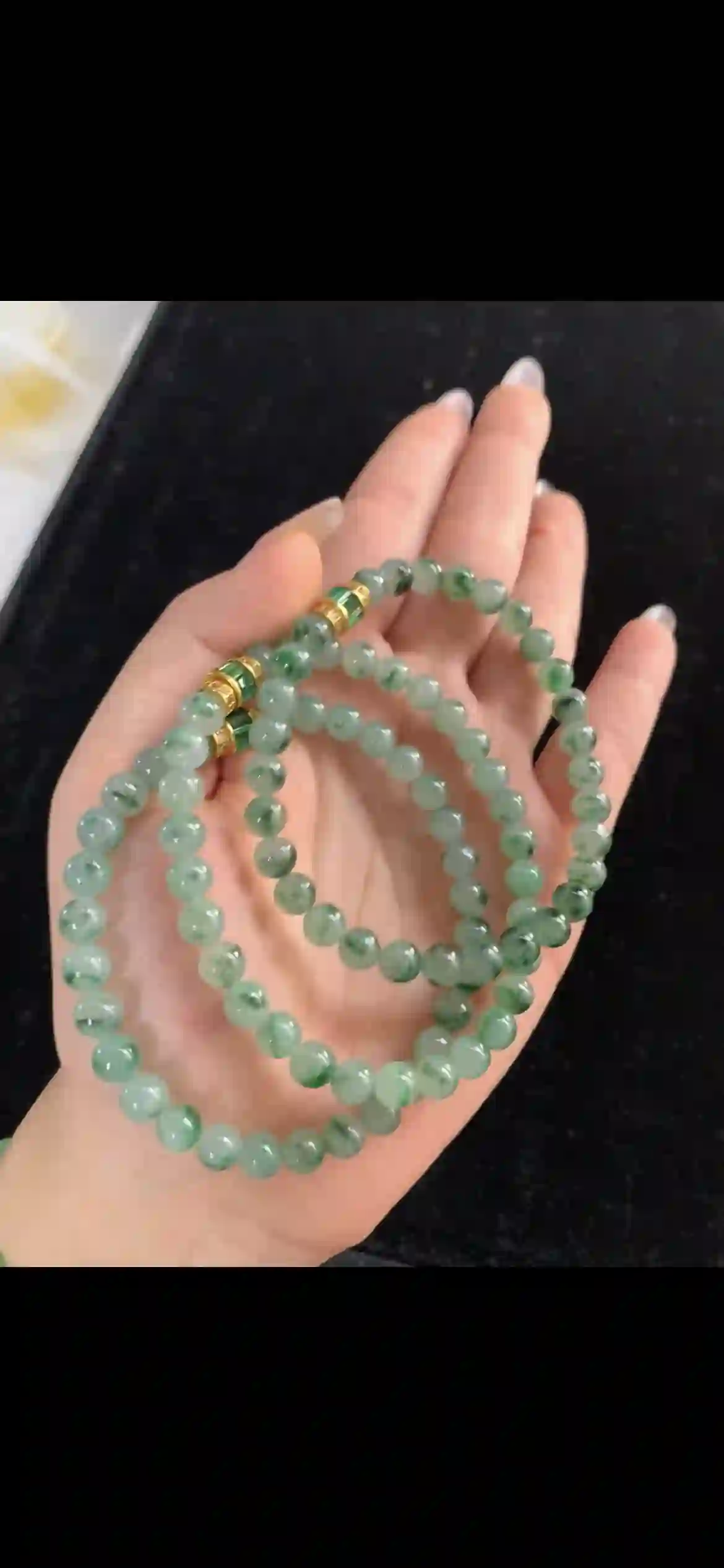 Icy Floating Flower Jade Bead Necklace – Pale Green with Gold & Malachite Accents | Myanmar Jadeite reference #31500001