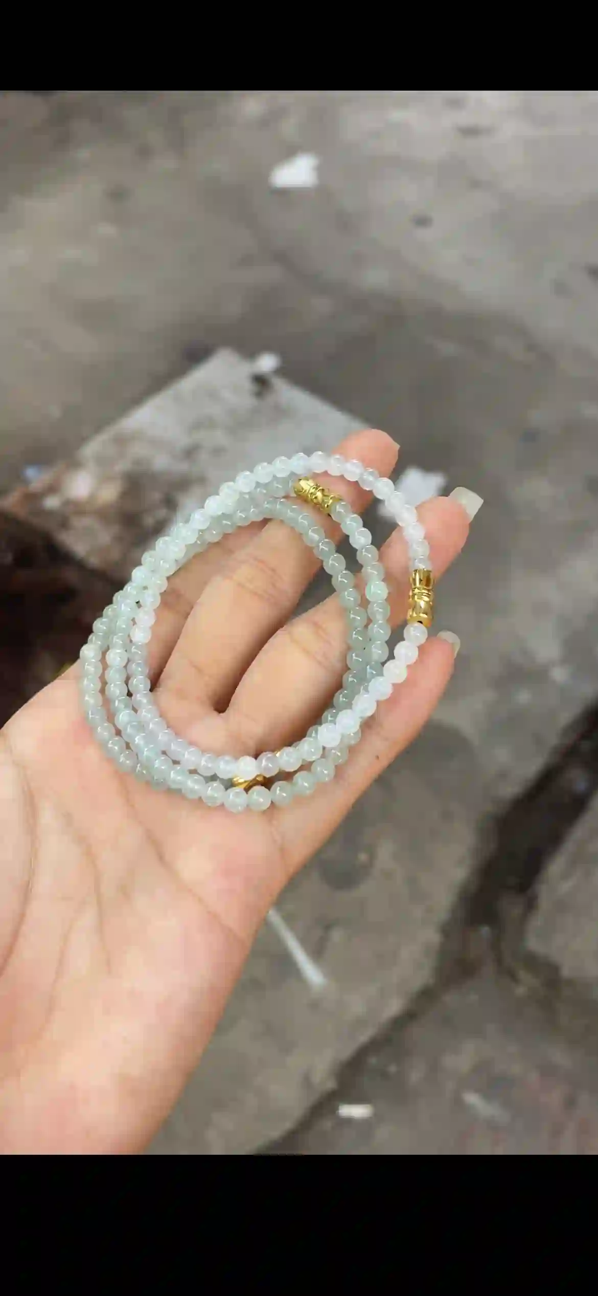 Multi-Strand Icy Pale Green Jade Bead Bracelet with Gold Clasps | Myanmar Jadeite reference #18870001