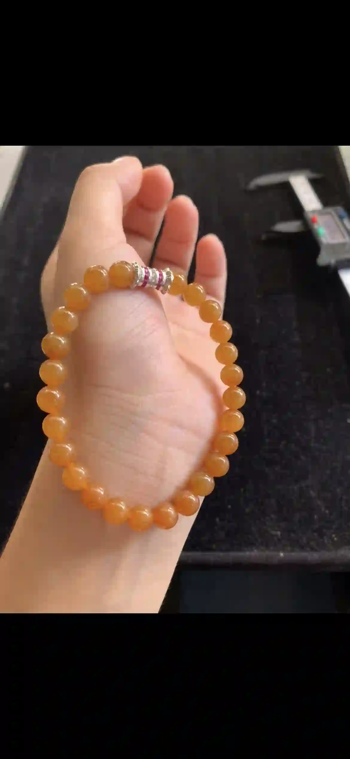 Warm Honey Orange Jade Bead Bracelet with Gemstone Accent Spacer | Myanmar Jadeite reference #19260001