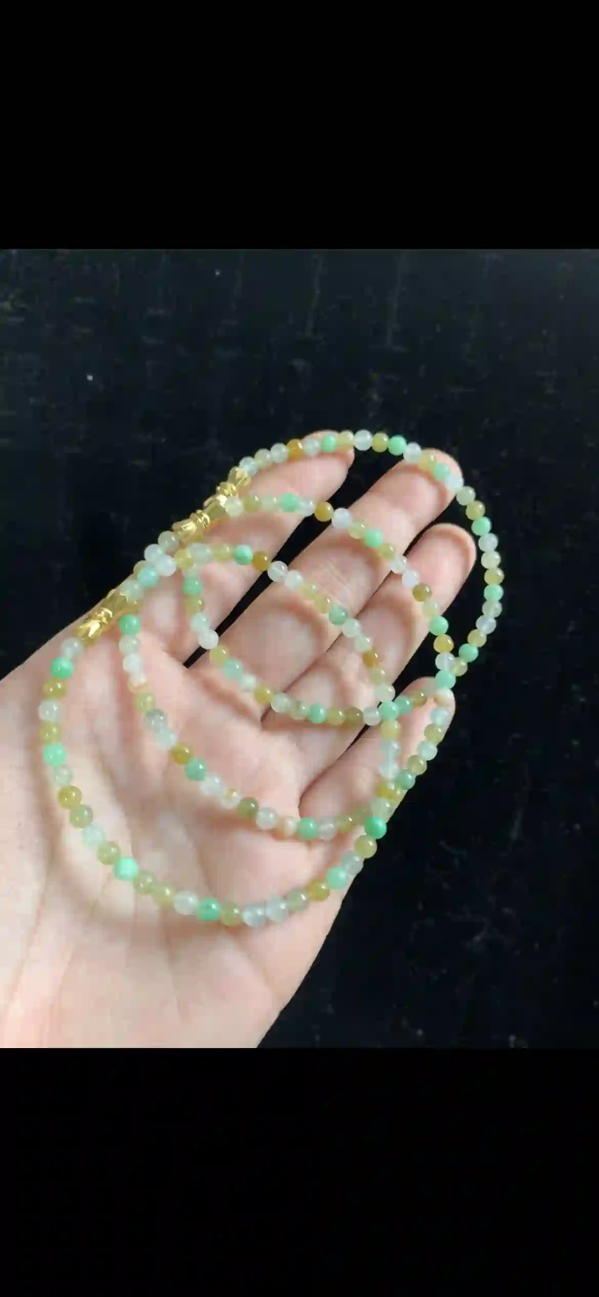 Multi-Color Pastel Jade Long Beaded Necklace — Interwoven Hues with Gold Clasps | Myanmar Jadeite reference #34380001
