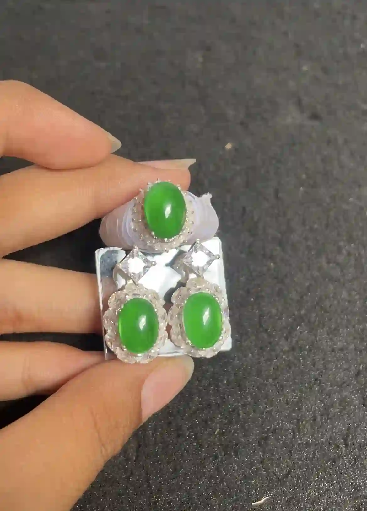 Title  Vibrant Green Jadeite Cabochon Silver Plated Jewelry Set – Ring & Earrings with Sparkling Zircon Accents, view 2 | Myanmar Jadeite reference #3180001