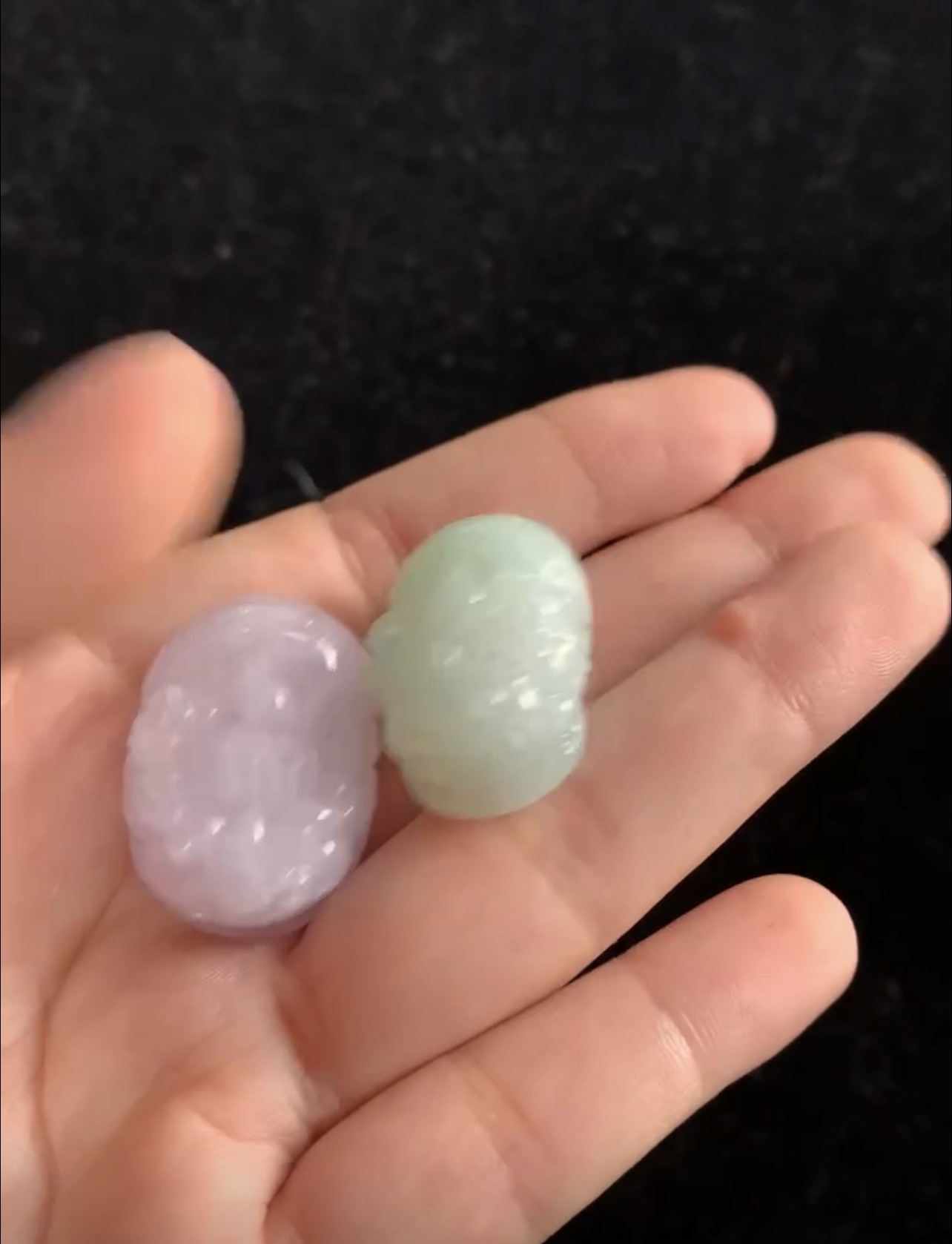 Hand-Carved Natural Lavender and Light Green Jadeite Pendant Pair Hand-Carved Natural Lavender and Light Green Jadeite Pendant Pair, view 6 | Myanmar Jadeite reference #37800001