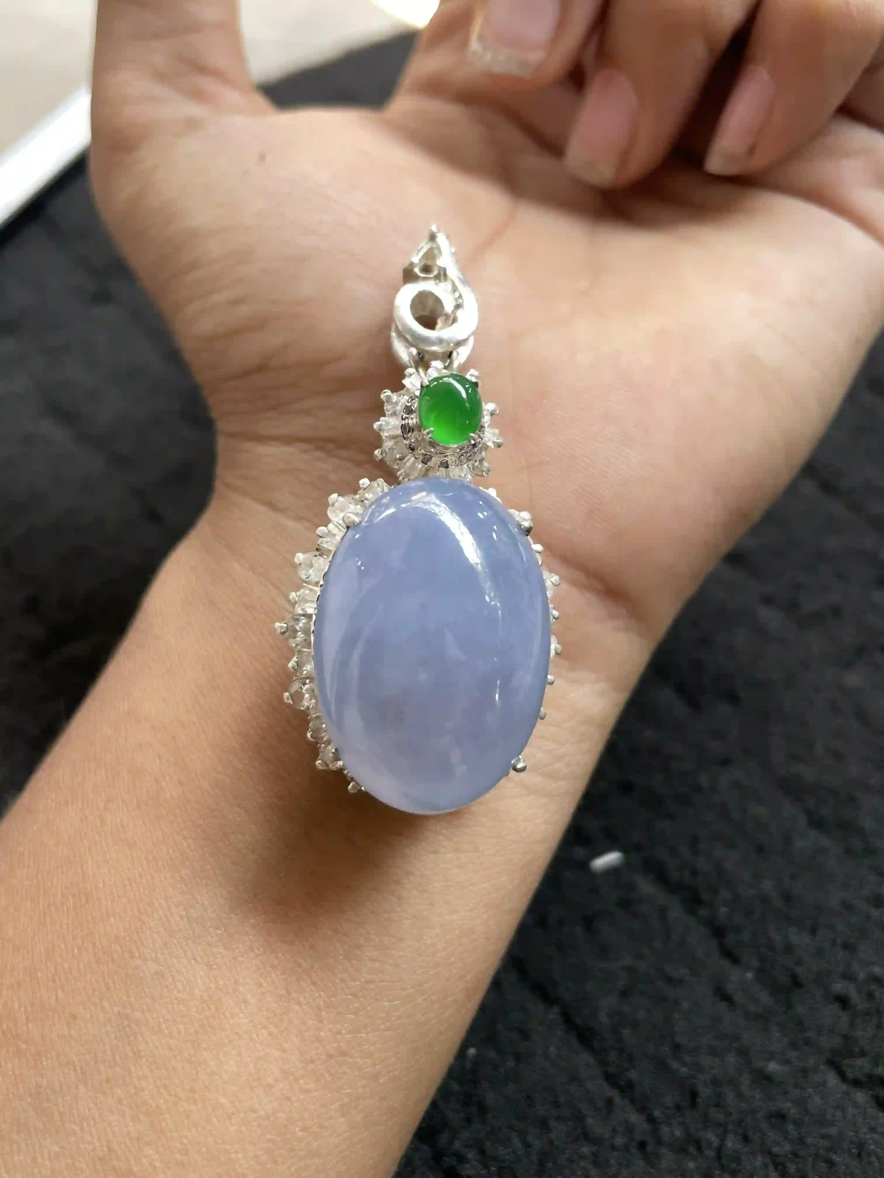  Elegant Large Lavender Gemstone Pendant with Green Accent, view 2 | Myanmar Jadeite reference #1140003