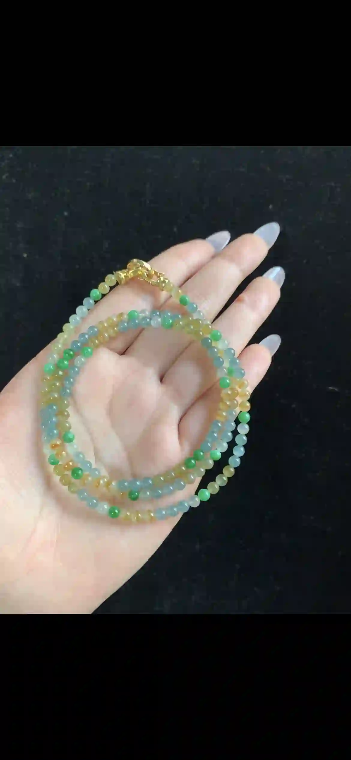 Sunlit Bicolor Jade Beaded Necklace — Icy Blue & Golden Honey with Gold Clasp | Myanmar Jadeite reference #33120001