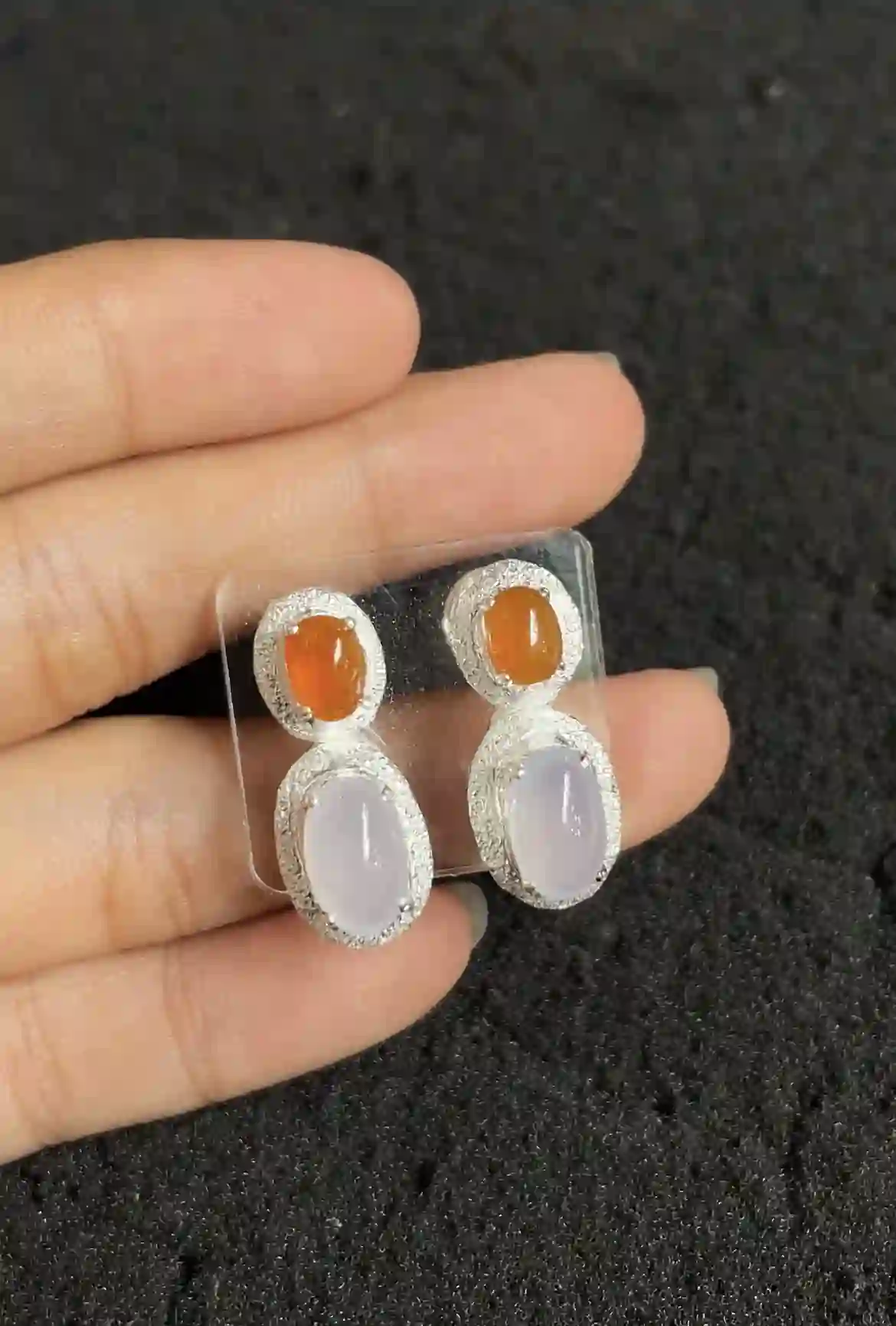 Natural Orange & Lavender Jade Earrings, view 2 | Myanmar Jadeite reference #2310005