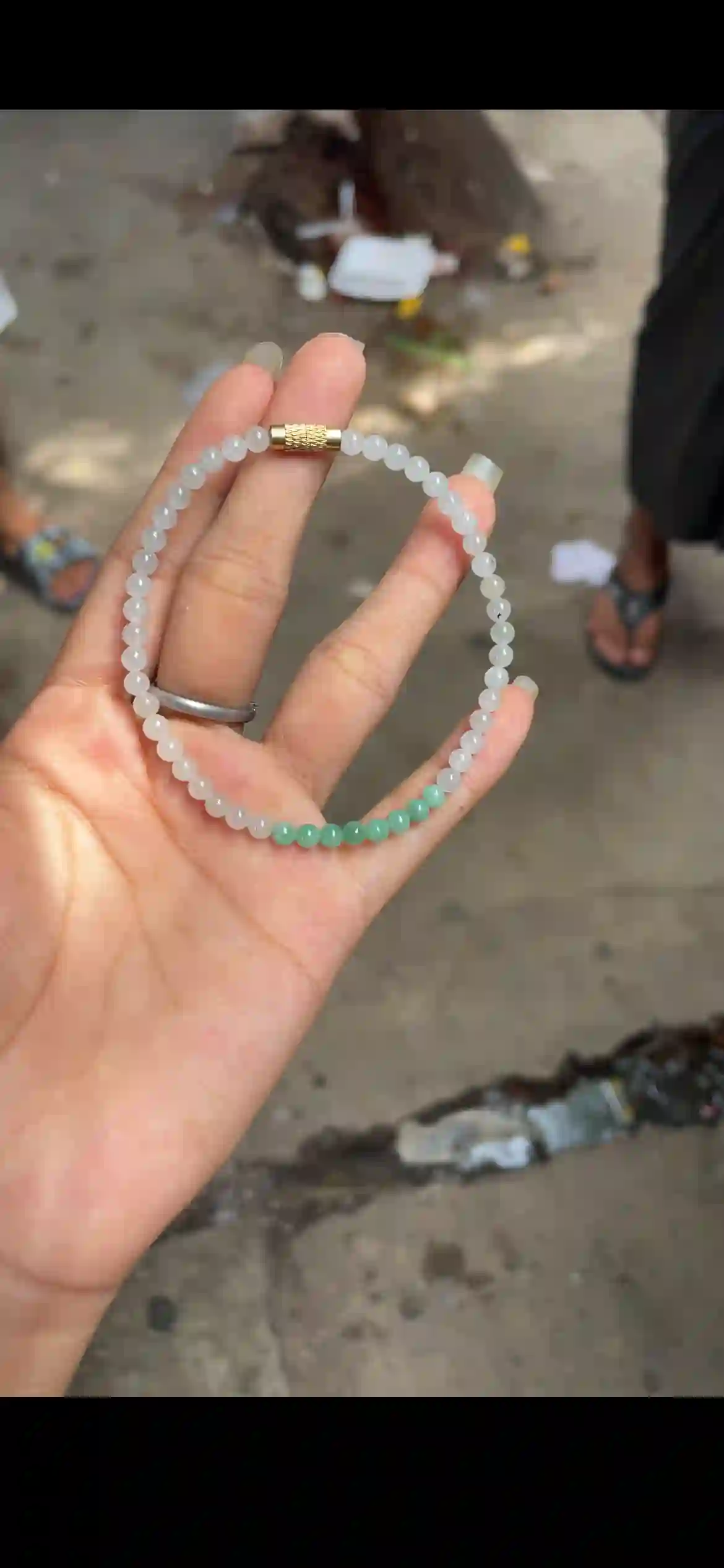Icy White Jade Bracelet with Emerald Green Accent Beads & Gold Clasp | Myanmar Jadeite reference #21510001