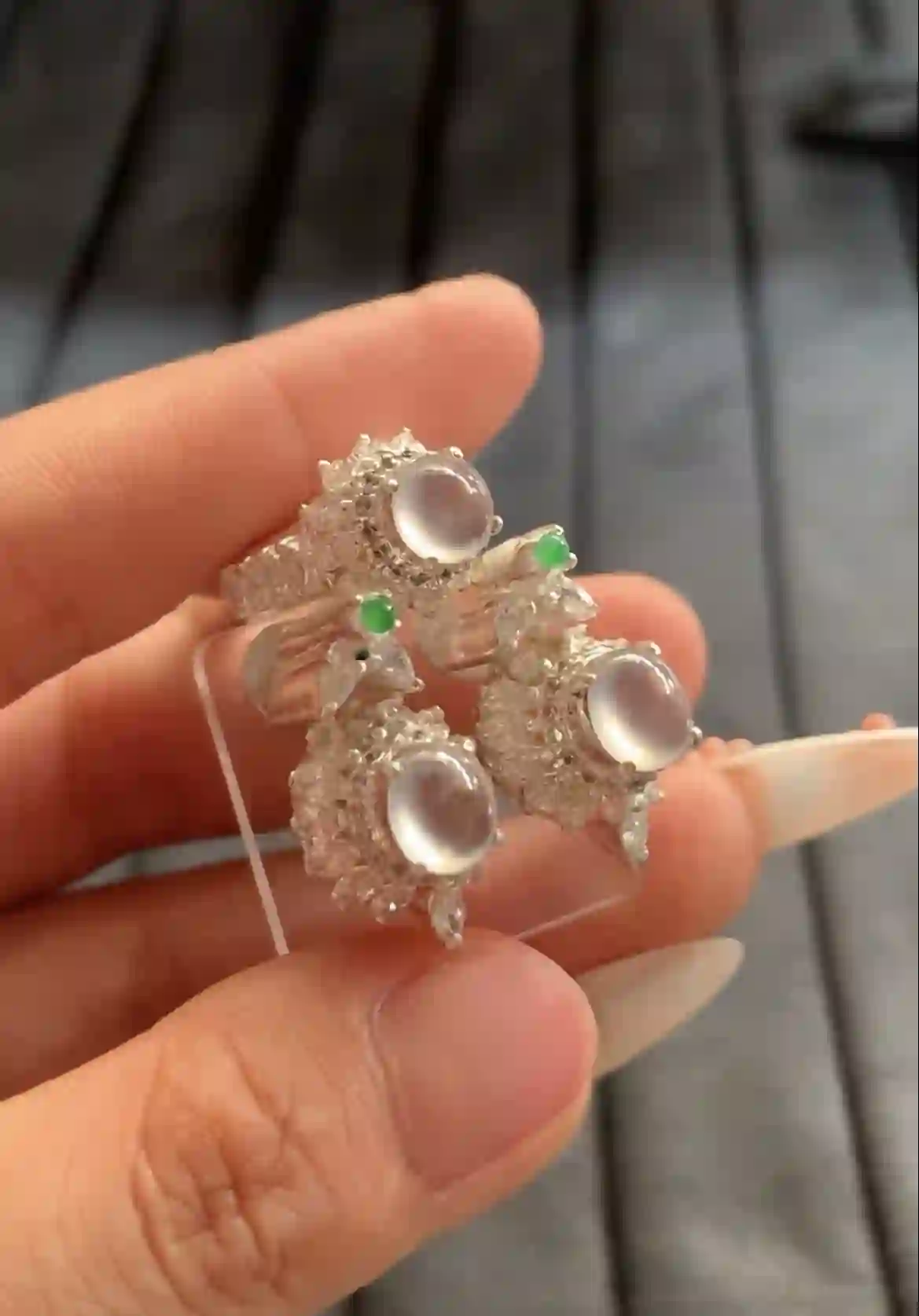   Icy White Jade and Green Accent Earrings, view 2 | Myanmar Jadeite reference #1980003