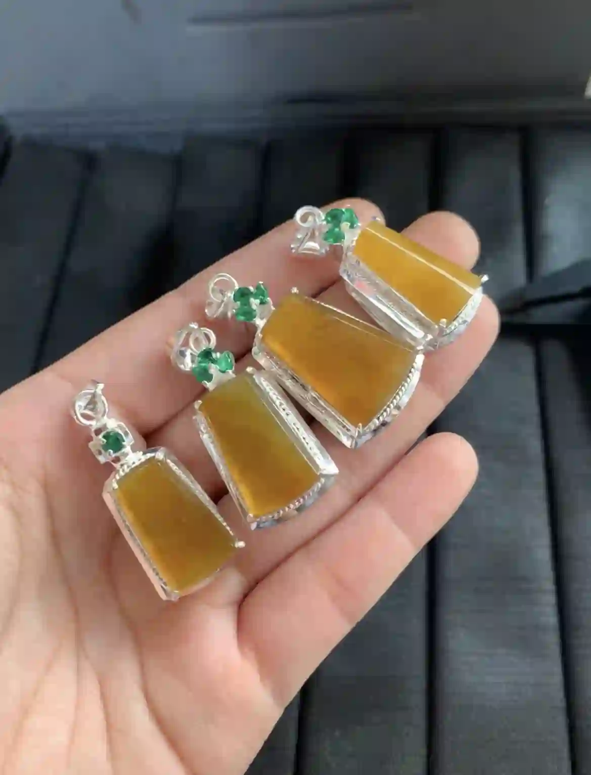 Natural Golden Yellow Jade Pendant Set with Green Accents, view 2 | Myanmar Jadeite reference #2580003