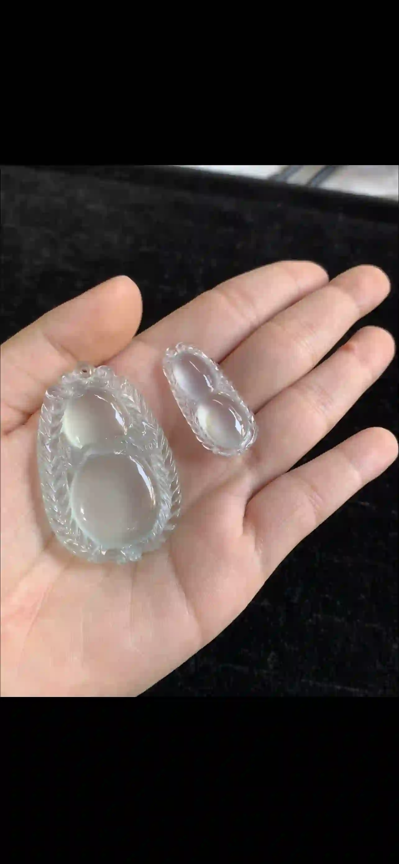 Genuine Grade A Ice Jade Wu Lou Pendants – Matching Translucent Jadeite Gourd Set with Carved Leaf Border | Myanmar Jadeite reference #37530001
