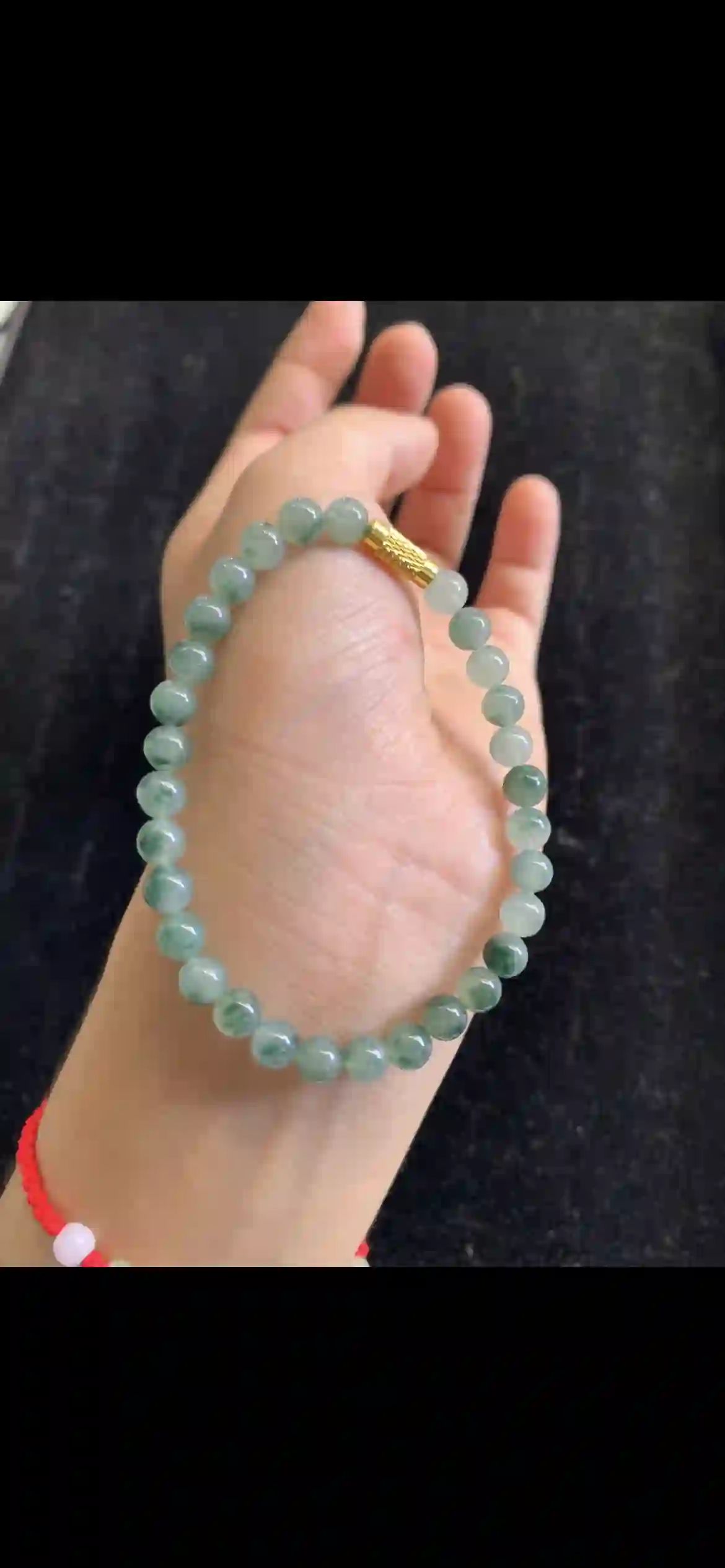 Icy Pale Green Floating Pattern Jade Bead Bracelet with Gold Accent | Myanmar Jadeite reference #19710001