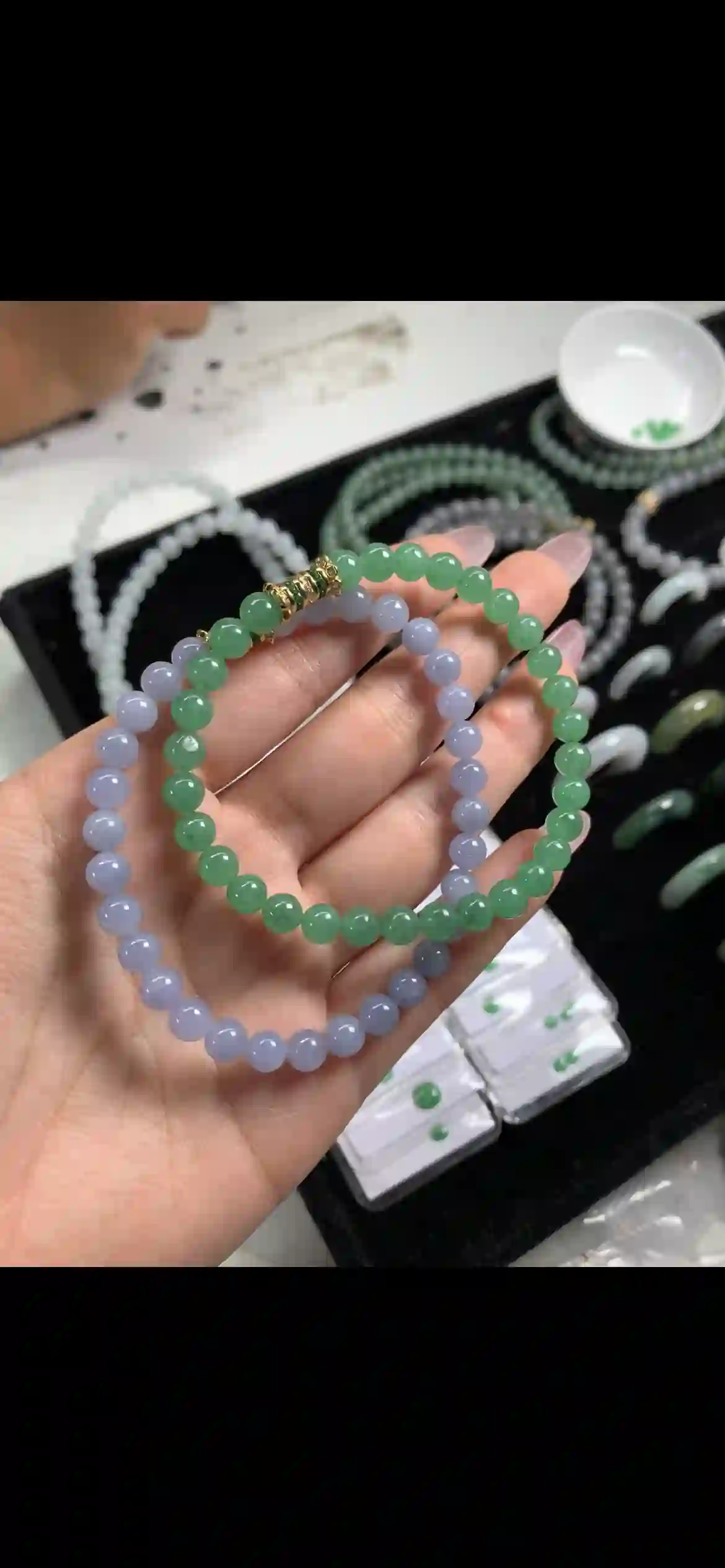 Two‑Tone Lavender & Green Jadeite Double‑Wrap Bracelet, view 2 | Myanmar Jadeite reference #12360001