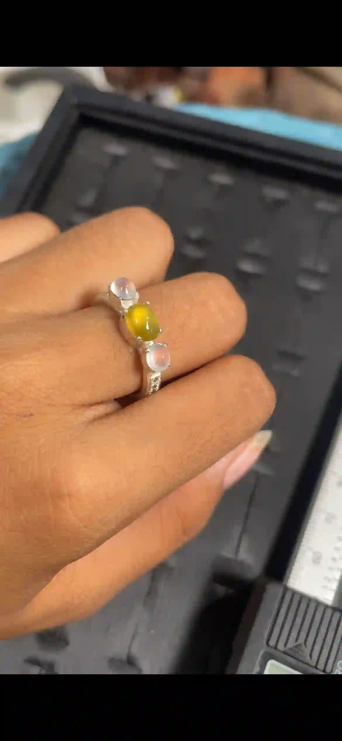 Three-Stone Honey Yellow & Icy White Jadeite Ring | Myanmar Jadeite reference #8640002