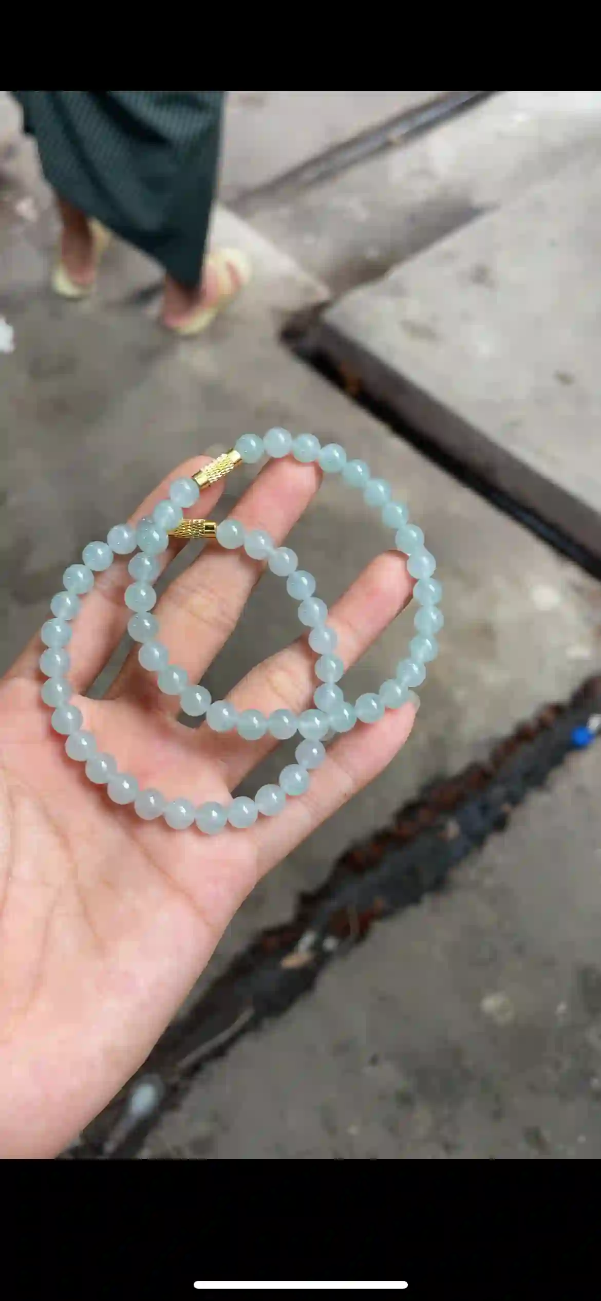 Icy Pale Blue-Green Jade Bead Bracelet Set with Gold Accents, view 2 | Myanmar Jadeite reference #19500001