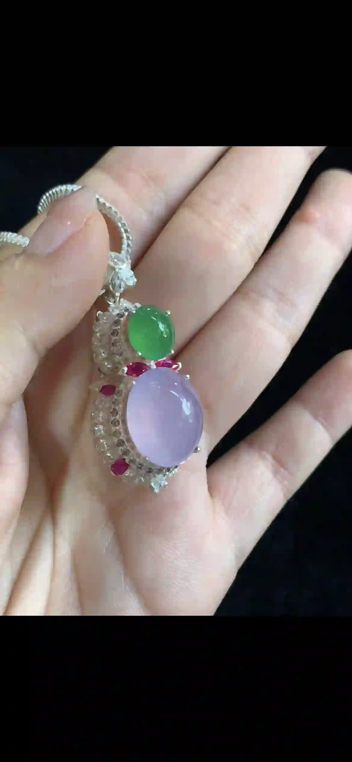 Lavender & Emerald Green Jade Pendant with Pink Accents | Myanmar Jadeite reference #35580001