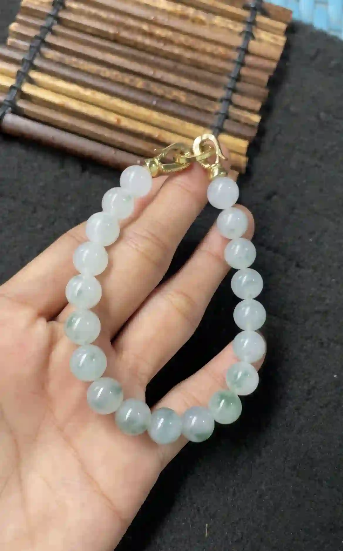 Natural Green Mottled Jade Beaded Bracelet, view 2 | Myanmar Jadeite reference #2370004