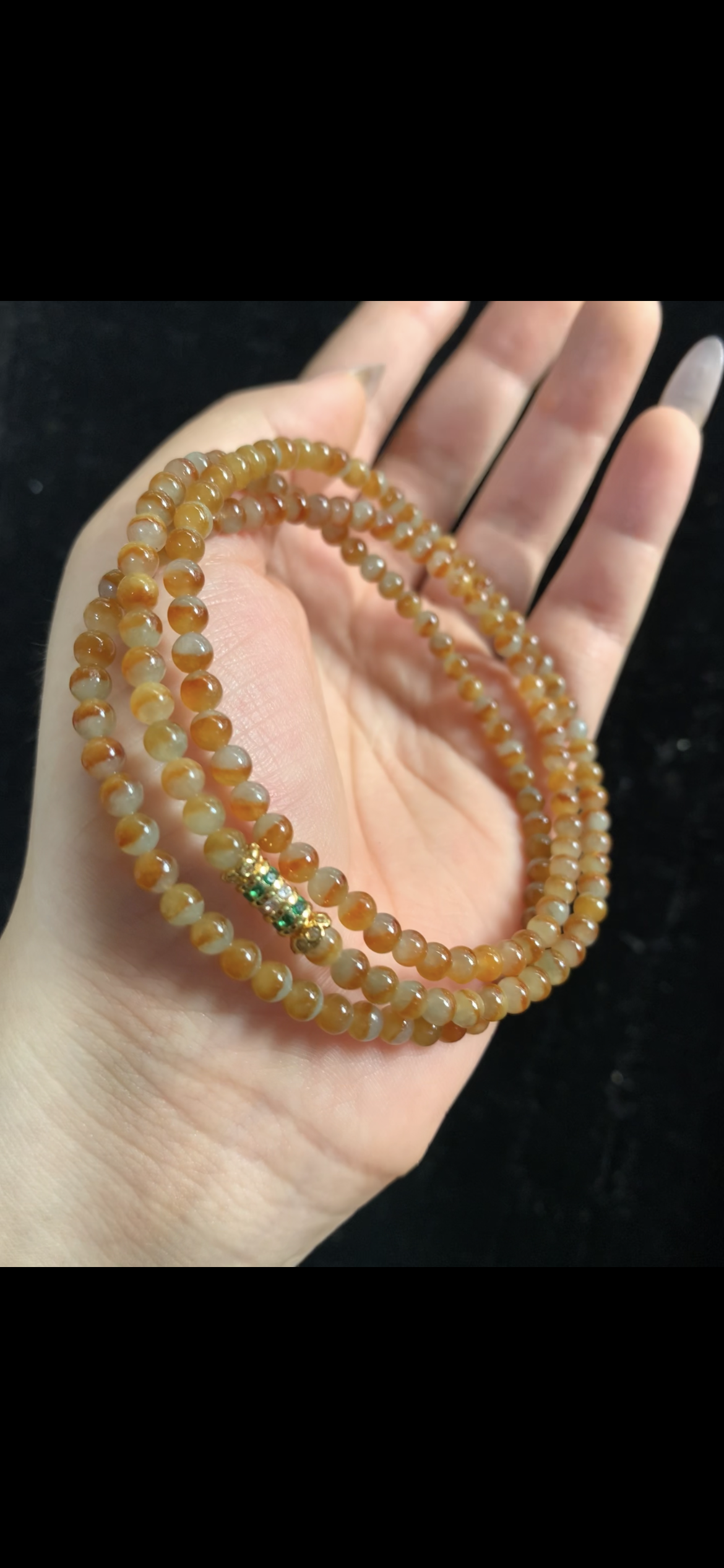 Honey Amber Bi-Color Jade Long Wrap Bracelet with Emerald Accent