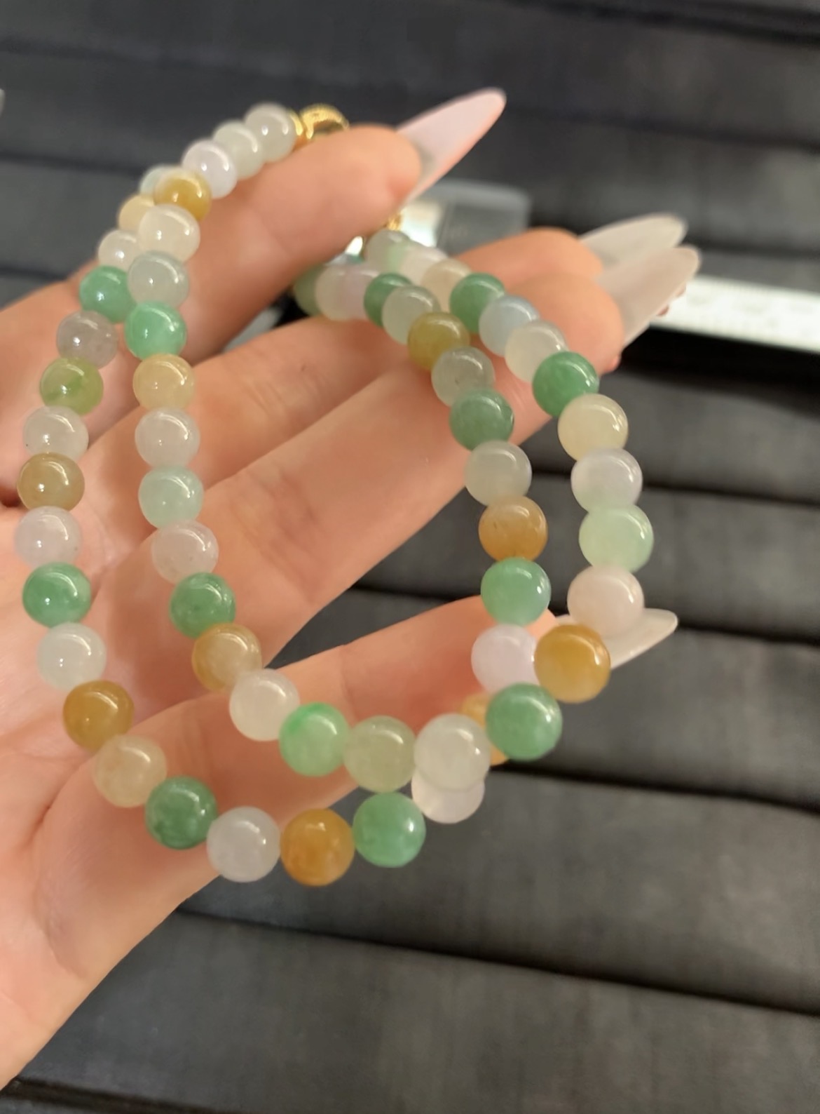 Colorful Multi-hue Jadeite Beaded Long Necklace with Gold-tone Clasp - Burmese Jadeite from Myanmar