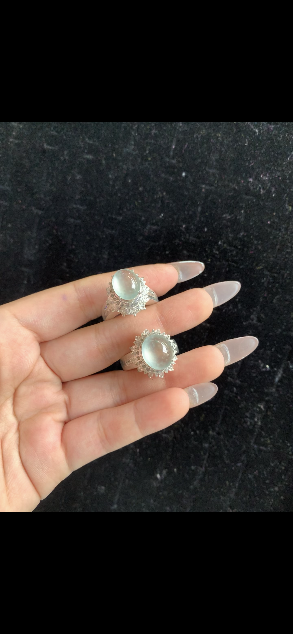 Pair of High-Clarity Icy Pale Blue-Green Jade Cabochon Rings with Diamond Halos